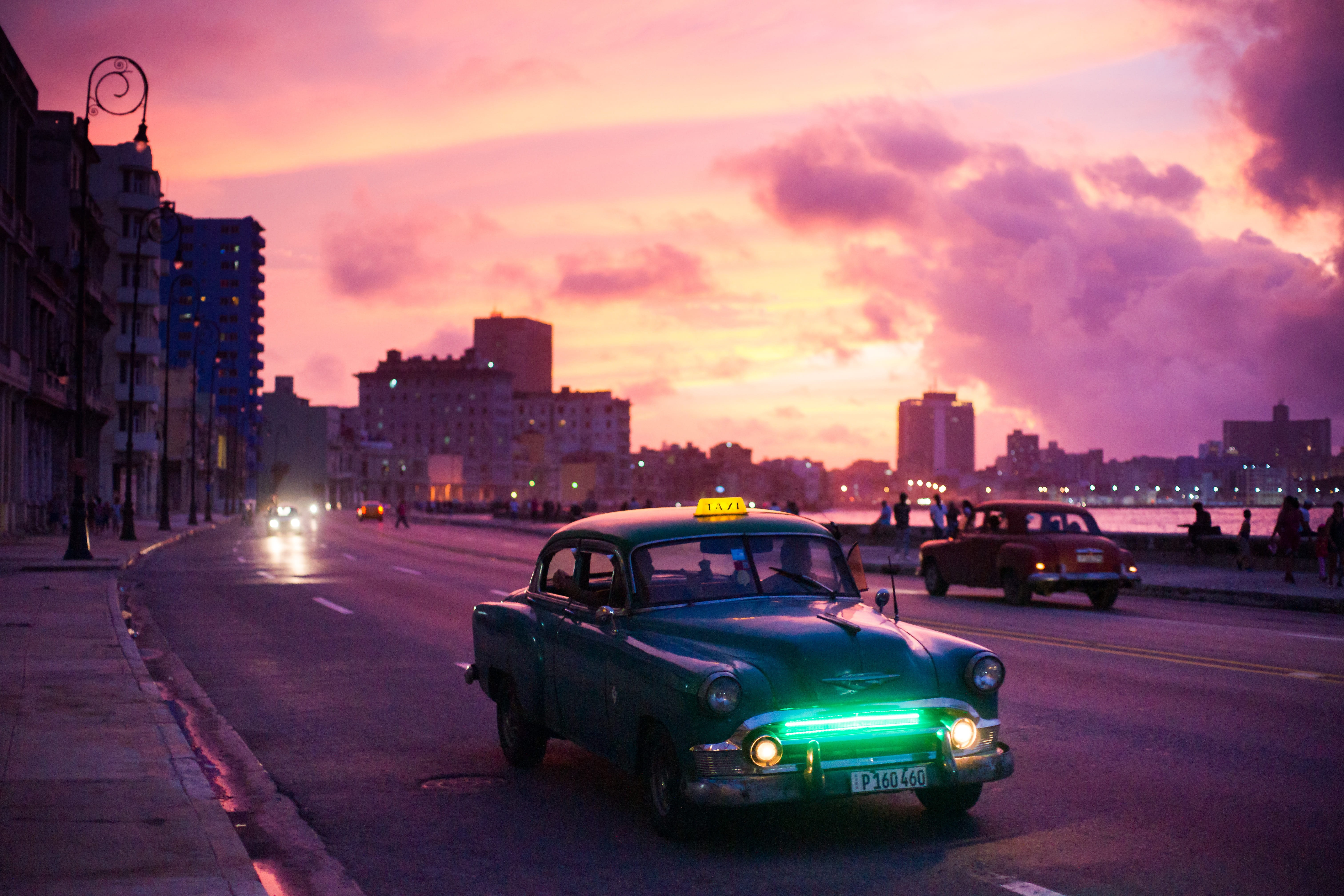 mode of transportation, cuba, nature, havana, city, tourism, 5K, car, cloud - sky, city life, picture, taxi, sky, dusk, urban, night, sunrise, architecture, HD Wallpaper