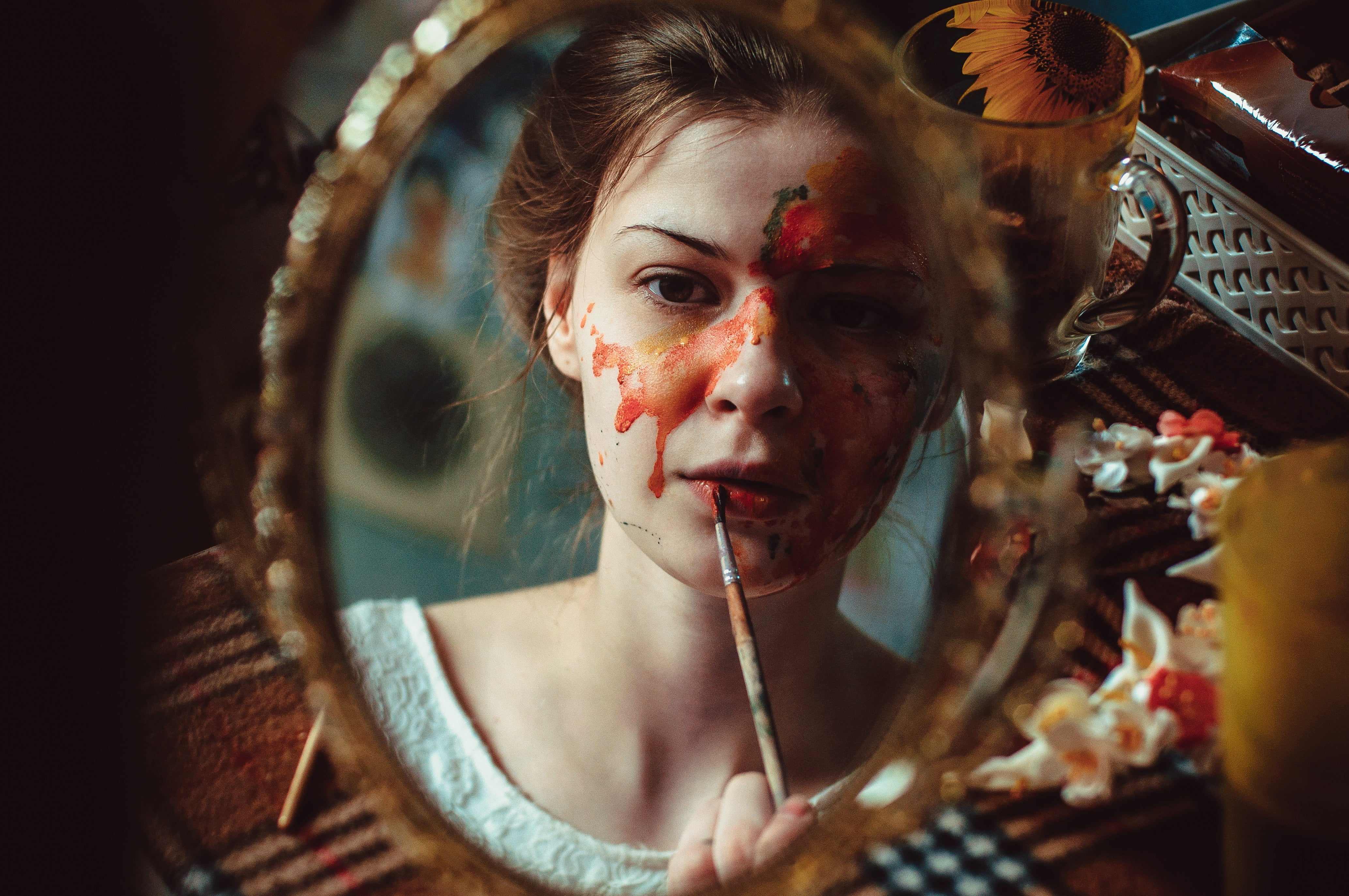 young adult, creativity, Mo, indoors, pencils, depth of field, adult, mirror, digital composite, brunette, face paint, women, 4K, paint, hairstyle, portrait, HD Wallpaper