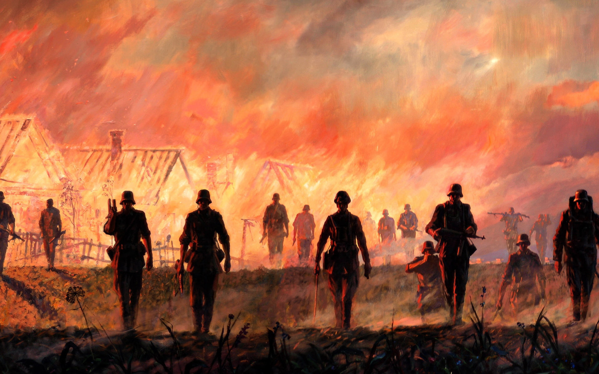 1080P, war, military, invasion, wariors, fedyunin, soldiers, battle, germans, drawing, fire, HD Wallpaper