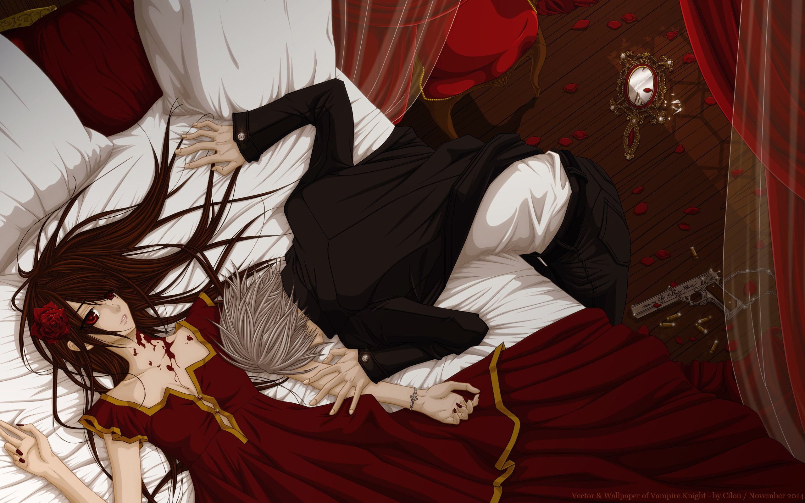 vampire, knight, 2K, male, hino, yuuki, dress, petals, matsuri, bed, zero, cross, kiryu, blood, weapon, HD Wallpaper