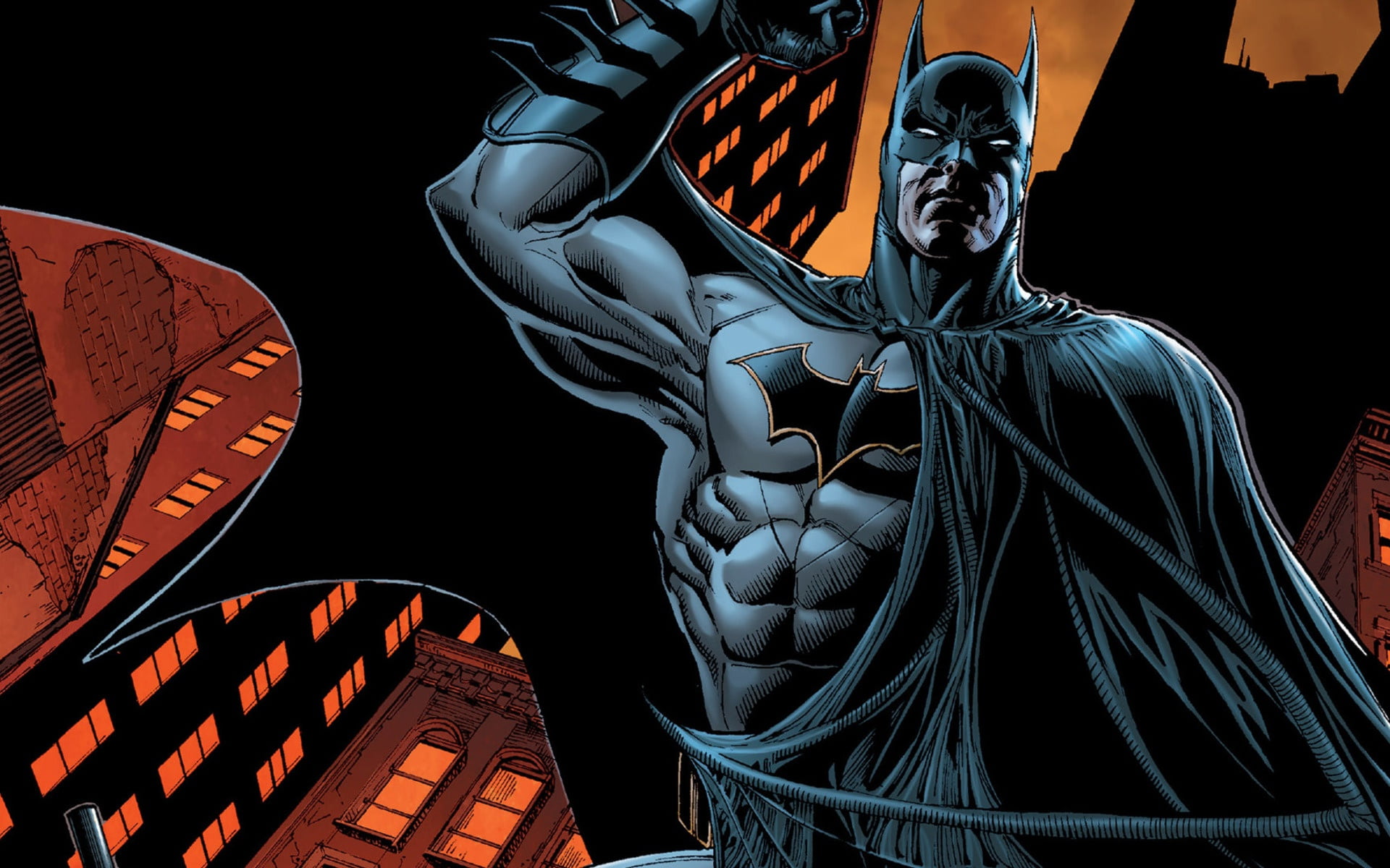DC Comics, mask, comics, artwork, city, cape, building, fantasy, costume, urban, fantasy art, superhero, 1080P, Batman, HD Wallpaper