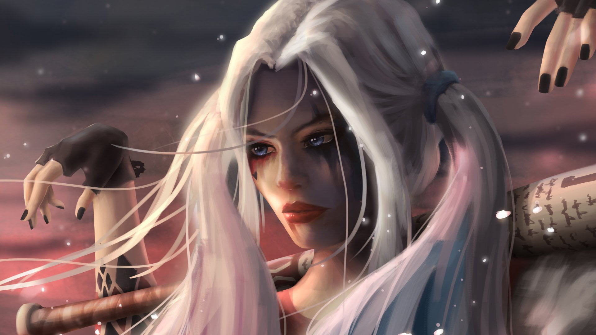women, digital art, fantasy girl, superhero, blue eyes, 1080P, blonde, fantasy art, DC Comics, baseball bat, artwork, superheroines, Harley Quinn, HD Wallpaper
