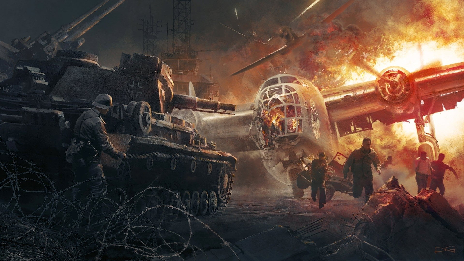 firefighter, Fire, Explosion, Tank, aggression, Drawing, men, celebration, nature, adult, Battle, built structure, night, group, Wars, motion, outdoors, HD Wallpaper