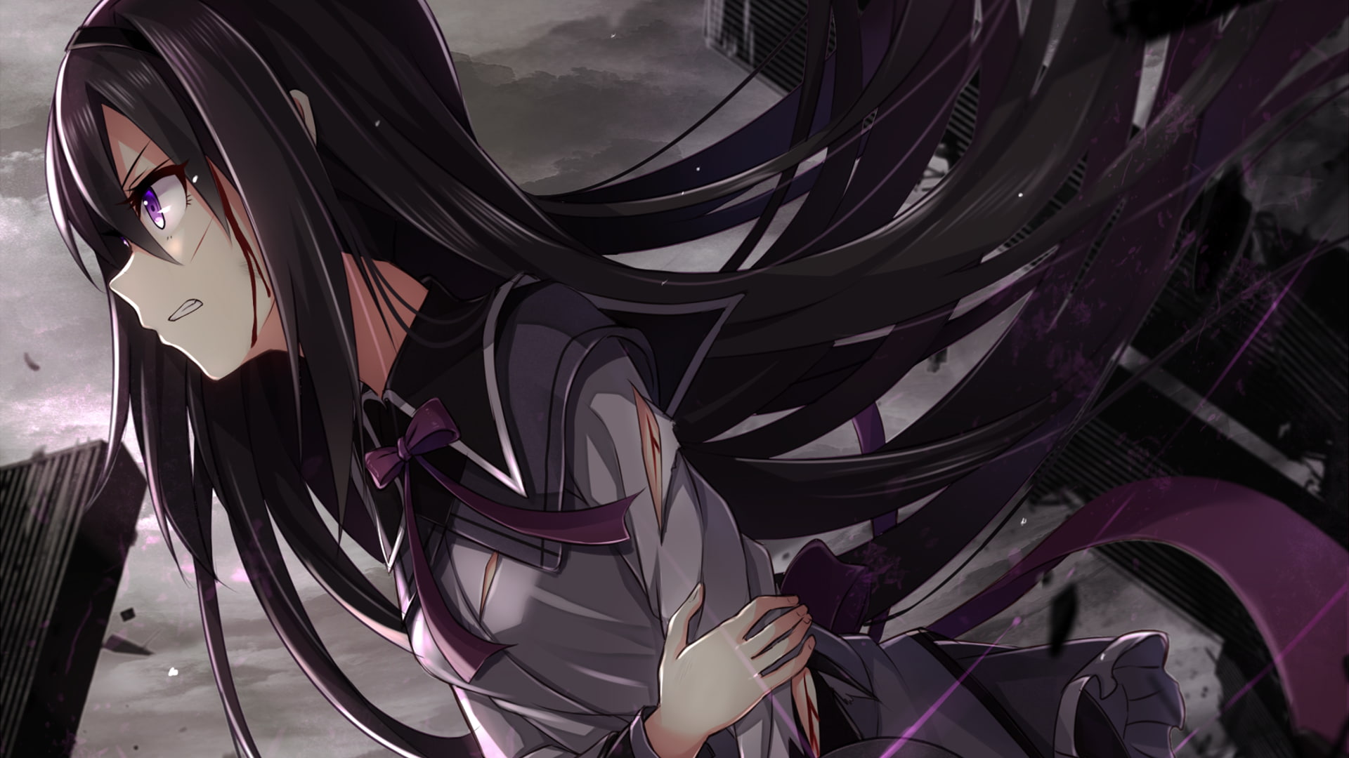 artwork, wounds, Akemi Homura, Mahou Shoujo Madoka Magica, 1080P, purple eyes, school uniform, anime girls, HD Wallpaper