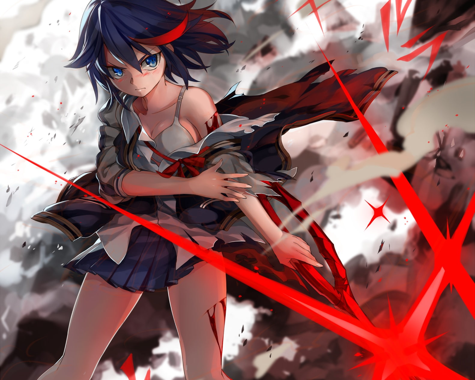 Wound, Kill La Kill, 720P, Ryūko Matoi, Skirt, Blood, Blade, Black Hair, Anime, Blue Eyes, HD Wallpaper