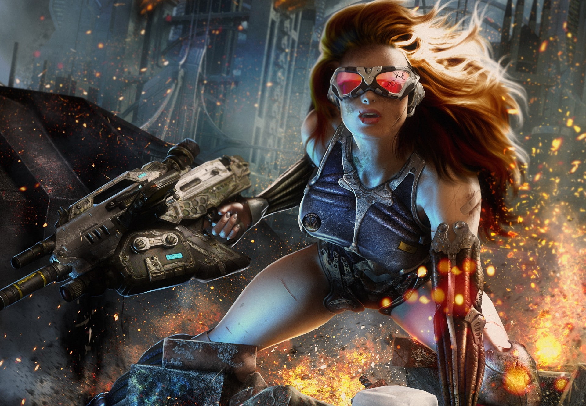 young adult, gun, sunglasses, fashion, dirty, hairstyle, casual clothing, weapons, the city, 1080P, women, young women, woman, night, art, machine, sparks, HD Wallpaper