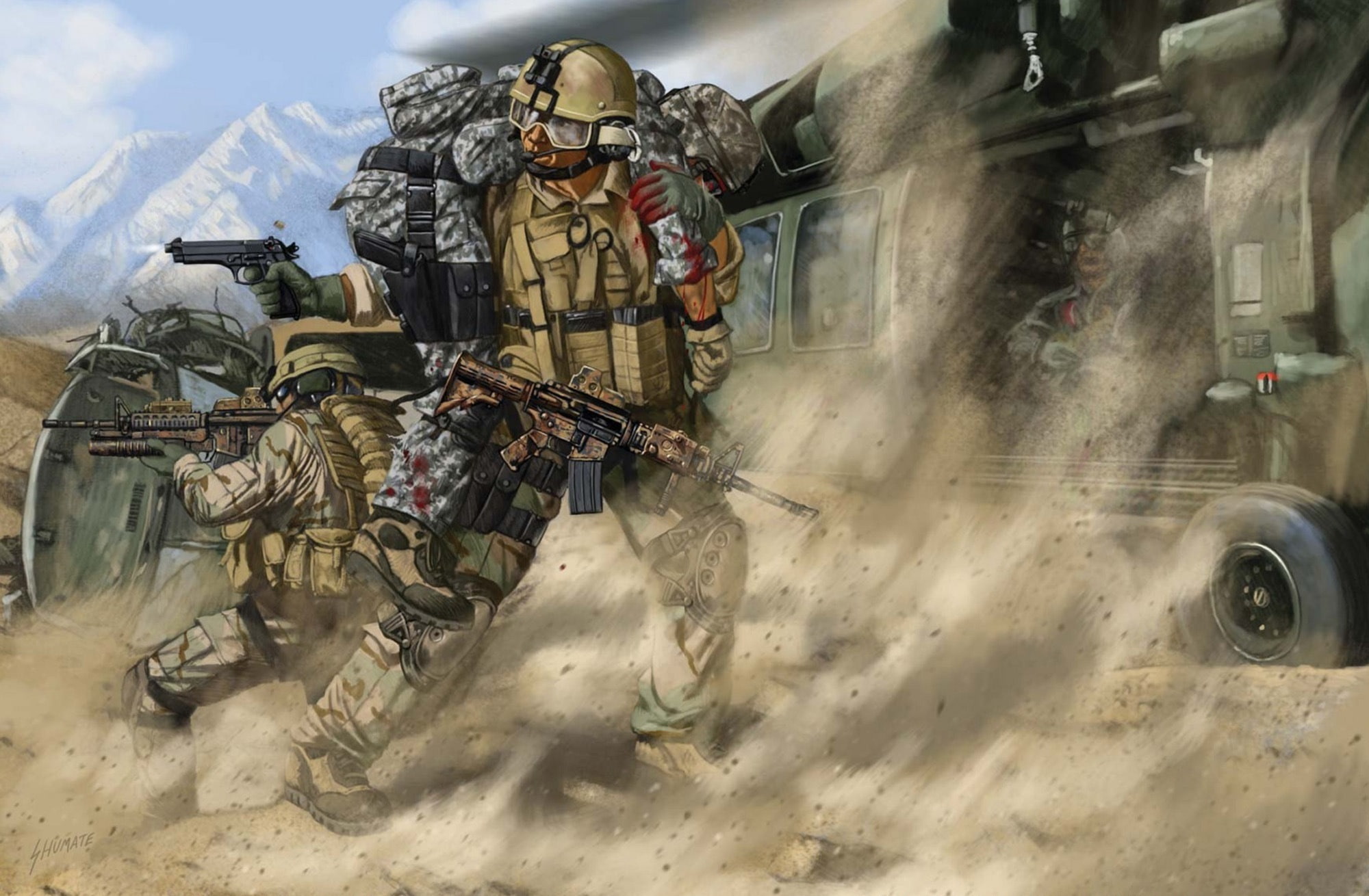 helicopter, soldiers, 1080P, salvation, friend, carrying, art, soldier, shootout, mountains, Afghanistan, animated, figure, wounded, HD Wallpaper
