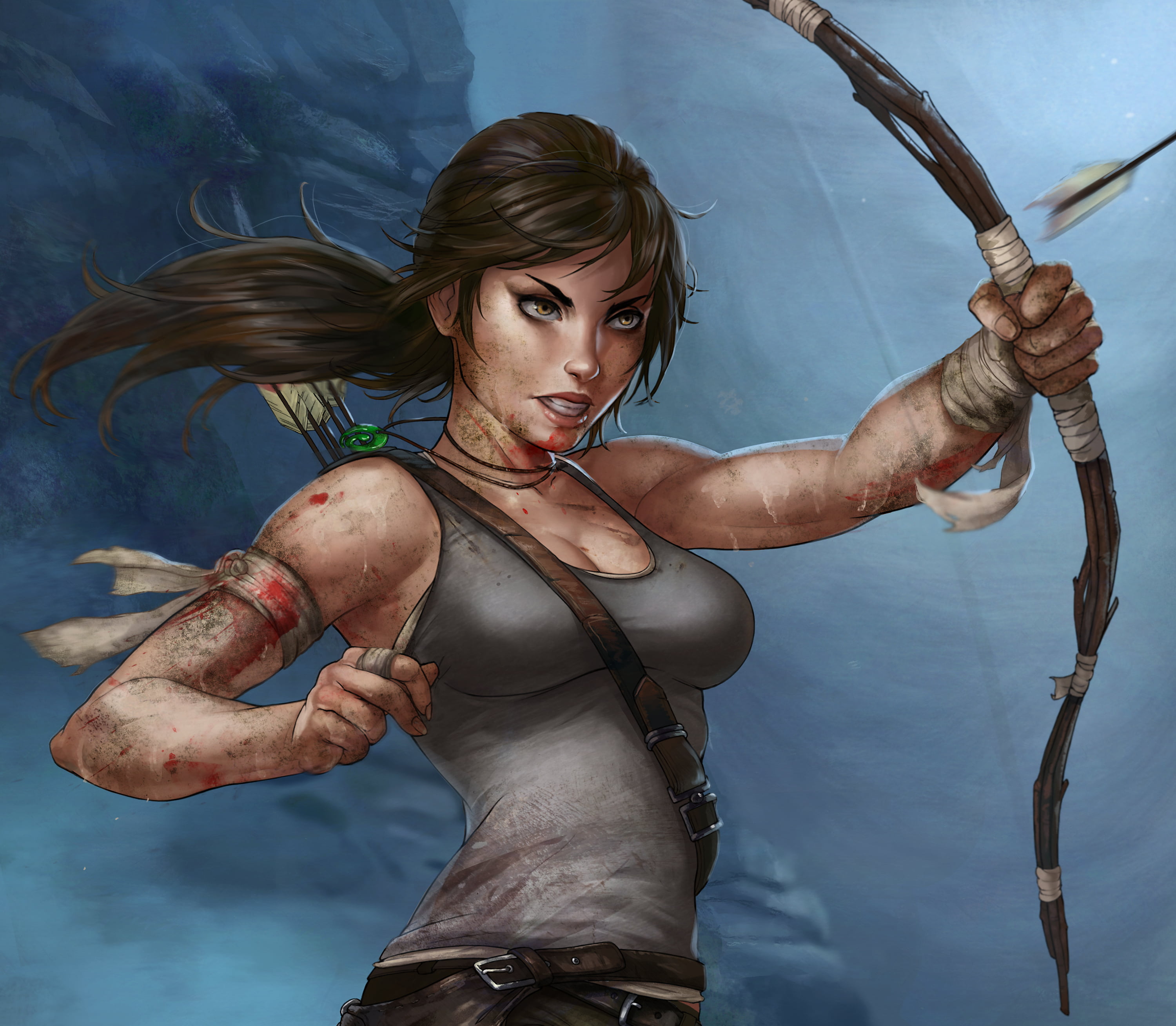 young women, adult, standing, Lara Croft, waist up, women, tattoo, bow, hairstyle, blood, lifestyles, lara, hair, face, beautiful woman, ponytail, indoors, HD Wallpaper
