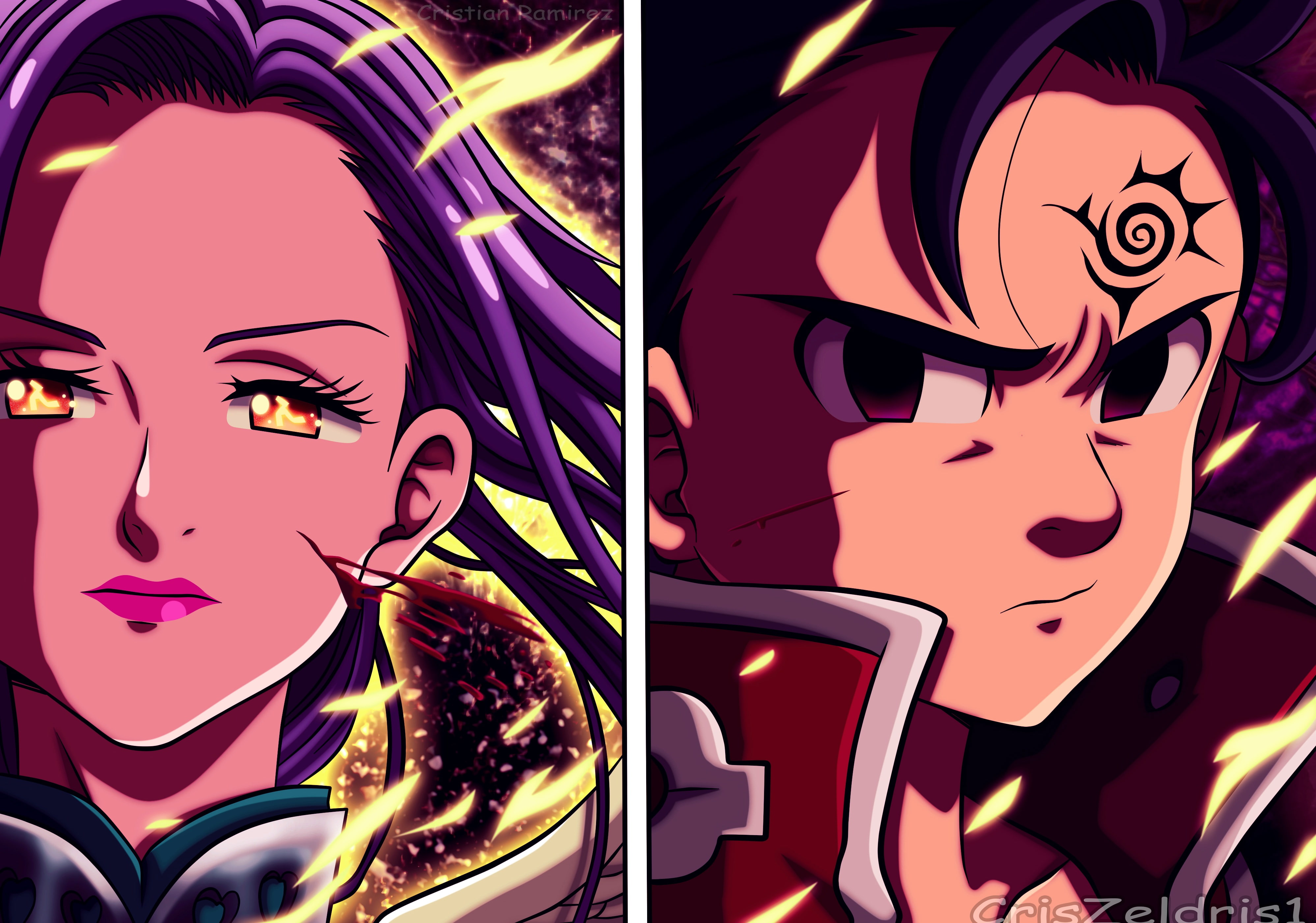 The Seven Deadly Sins, Girl, Wound, Purple Hair, Ludociel (The Seven Deadly Sins), Black Eyes, Anime, Blood, Tattoo, Yellow Eyes, Zeldris (The Seven Deadly Sins), HD Wallpaper