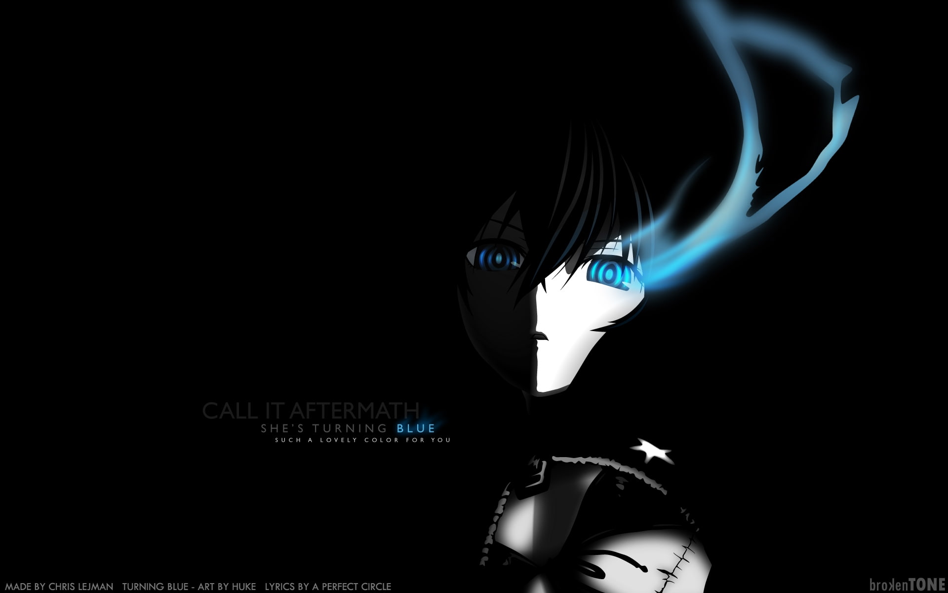dark, hd, blue, rock, 1080P, Photoshop, anime, art, shooter, black, turning, Black Rock Shooter, Glowing Eye, HD Wallpaper