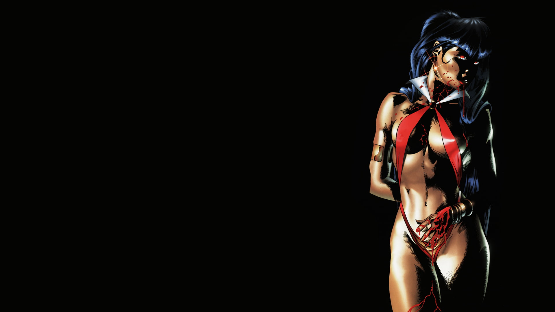 anime, character, black, cartoon/comic, haired, 1080P, hd, vampirella, blue, blood, HD Wallpaper
