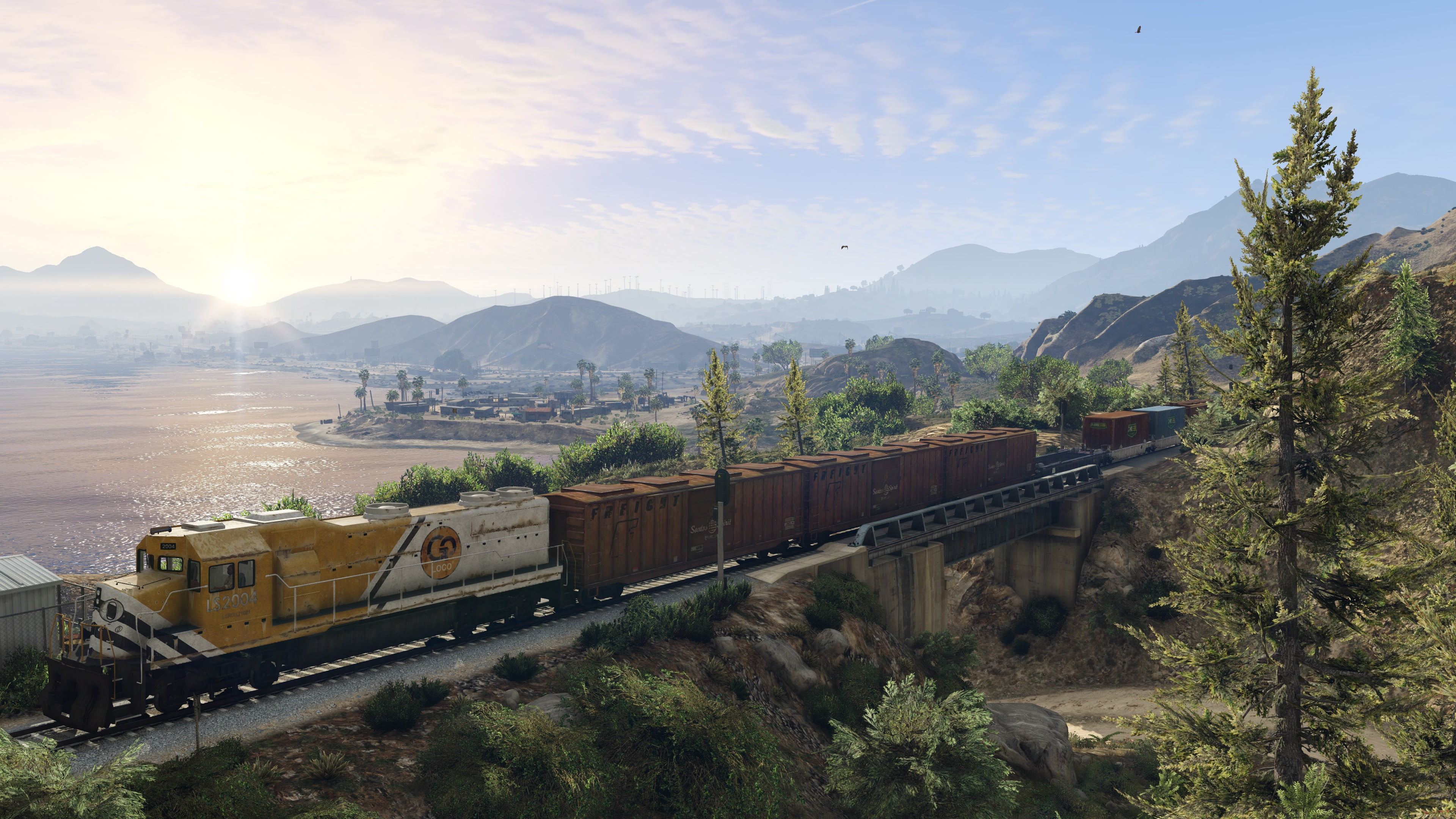 plant, freight train, sky, train, 4K, transportation, mountain range, track, public transportation, mode of transportation, tree, nature, rail transportation, HD Wallpaper
