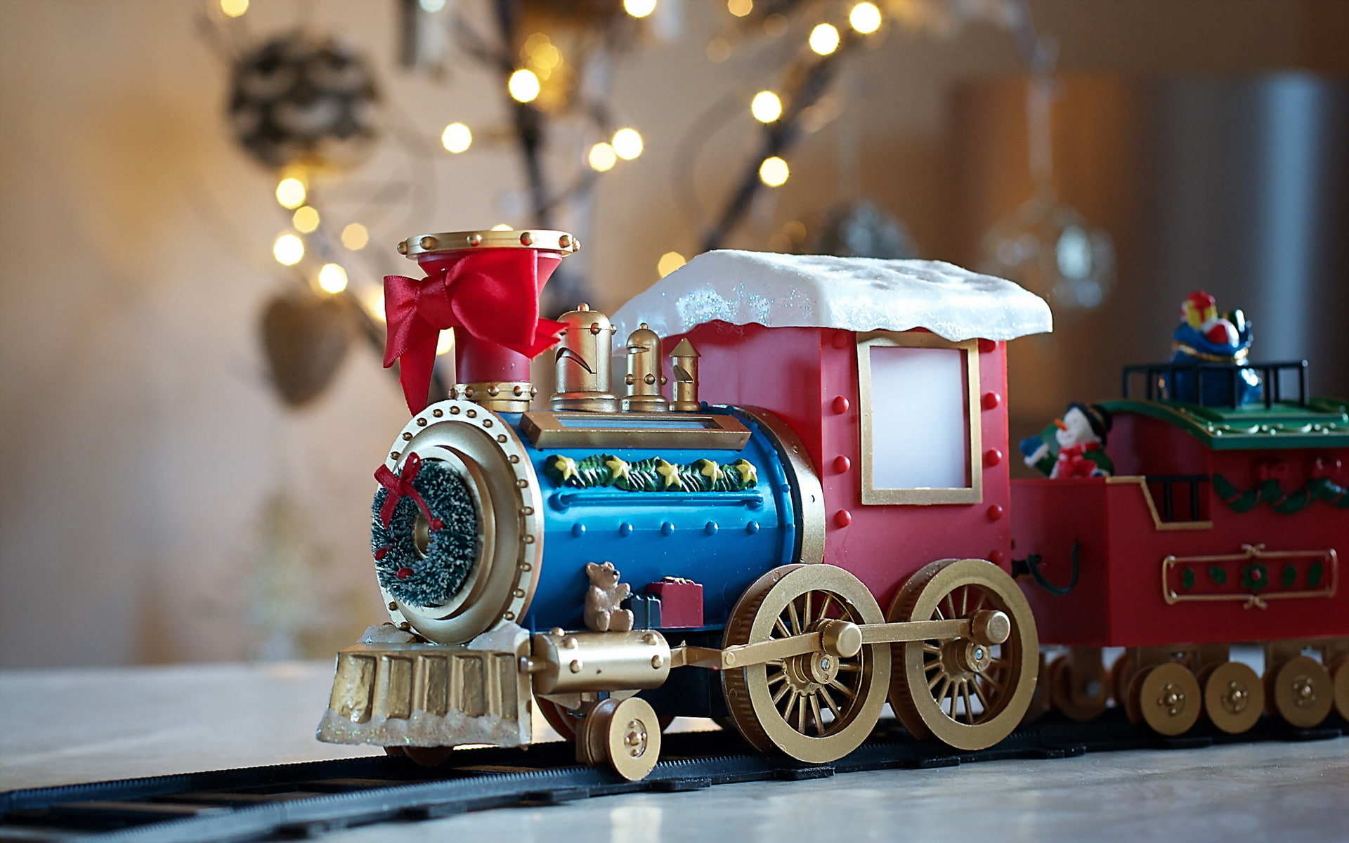 hd, blue, photography, gold, red, 1080P, toy, artistic, train, HD Wallpaper