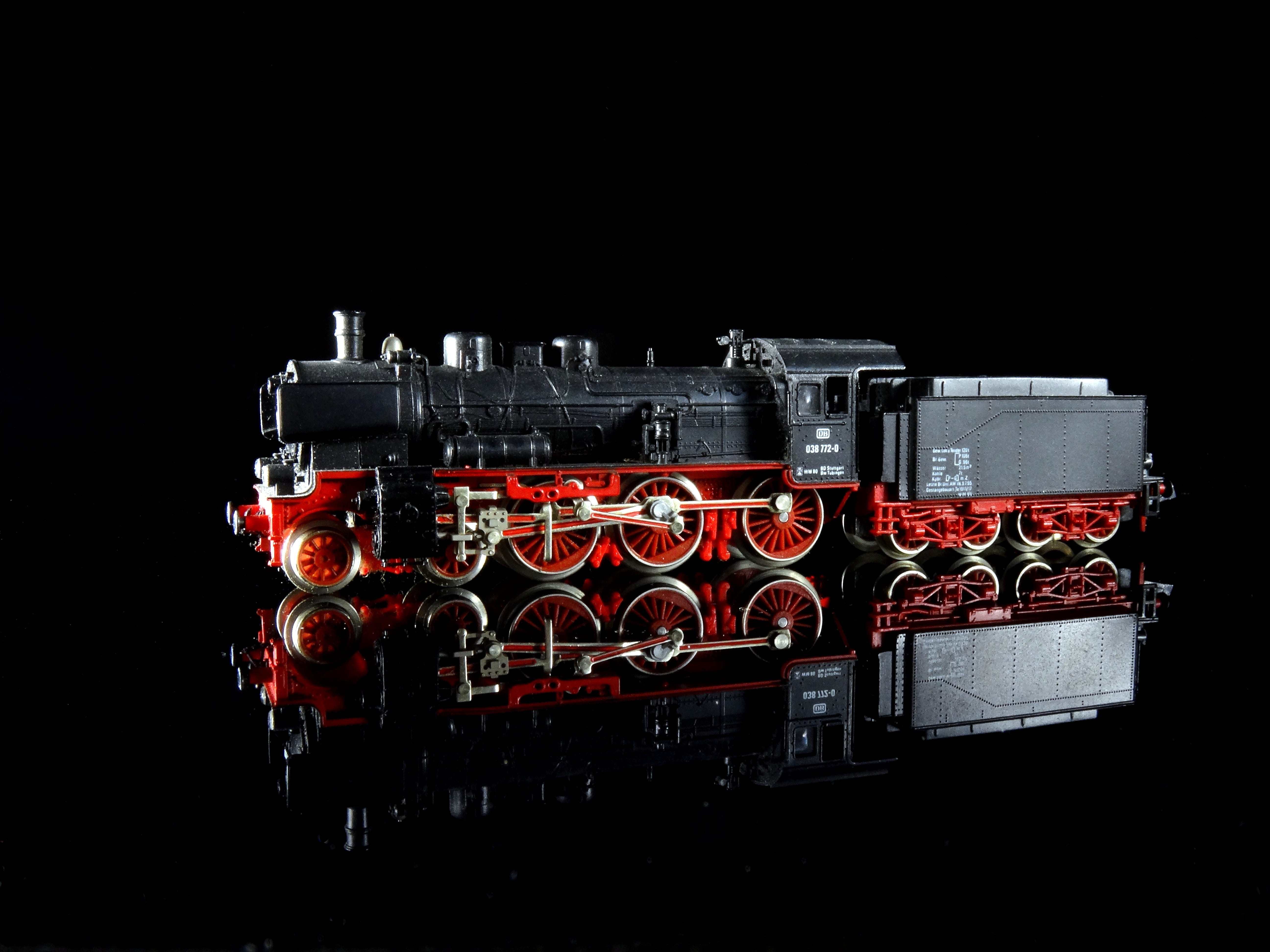 retro styled, rail traffic, railway, model, technology, red, toys, security, close-up, no people, safety, black background, 5K, indoors, model train, steam locomotive, HD Wallpaper