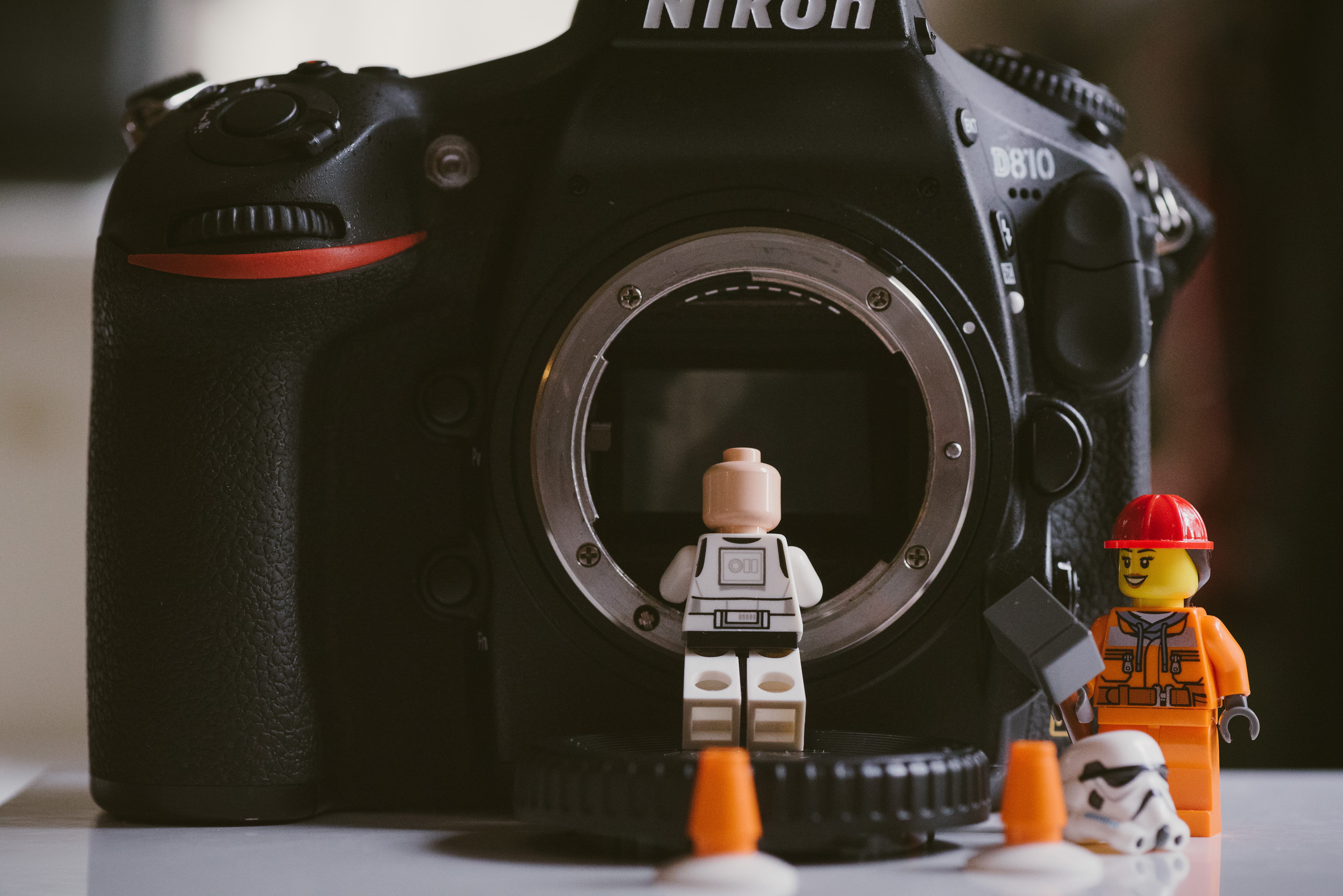 toy, photography themes, representation, technology, standing, orange color, close-up, plastic, day, two, machinery, camera, mini, legos, equipment, lego, HD Wallpaper