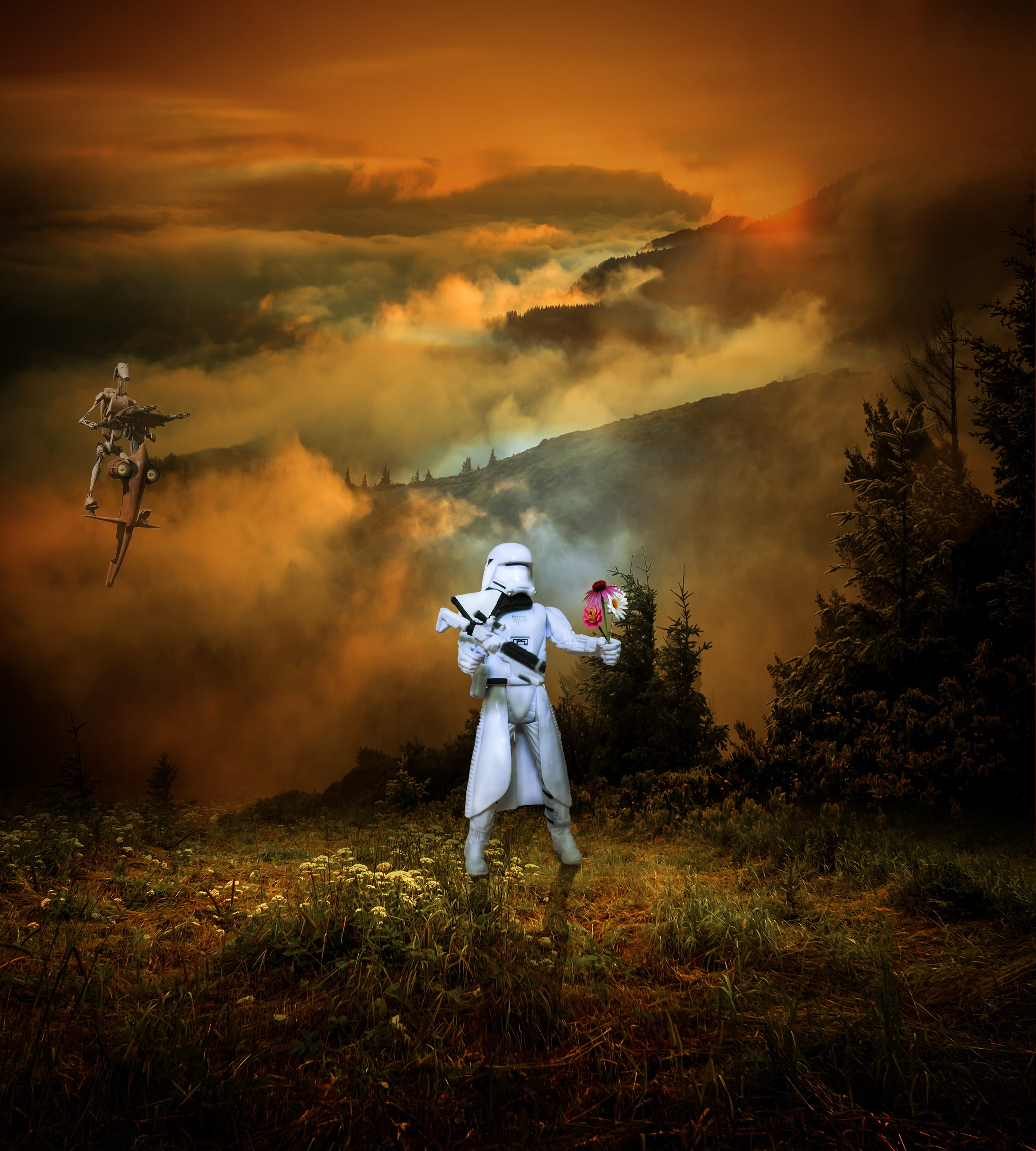 full length, land, looking away, fantasy, minifigure, standing, tranquility, manipulation, toys, digital composite, cloud - sky, trooper, tree, 2K, nature, Phone HD Wallpaper