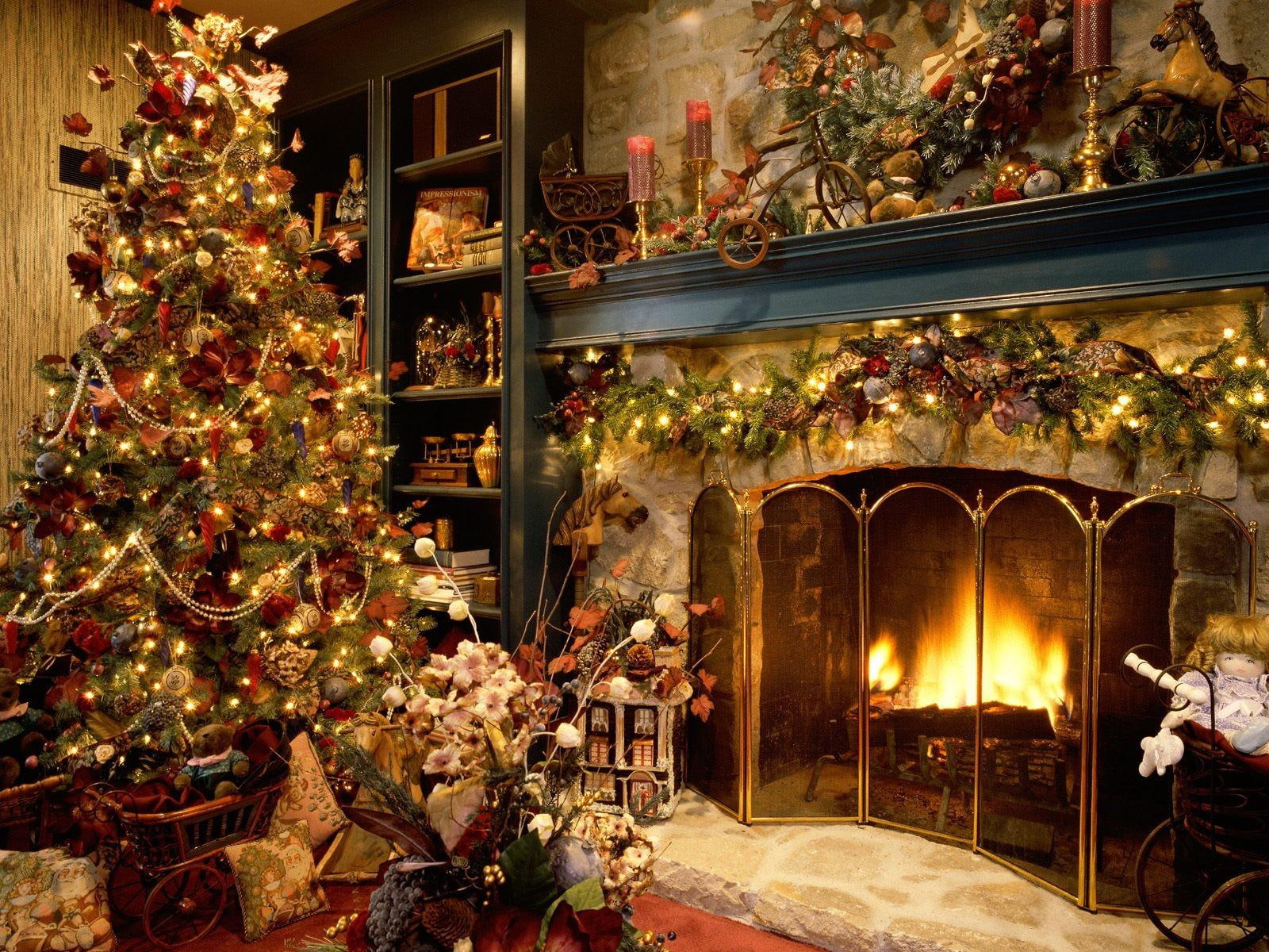 year, cosiness, tree, fur, christmas, fireplace, new year, 720P, fur-tree, new, HD Wallpaper