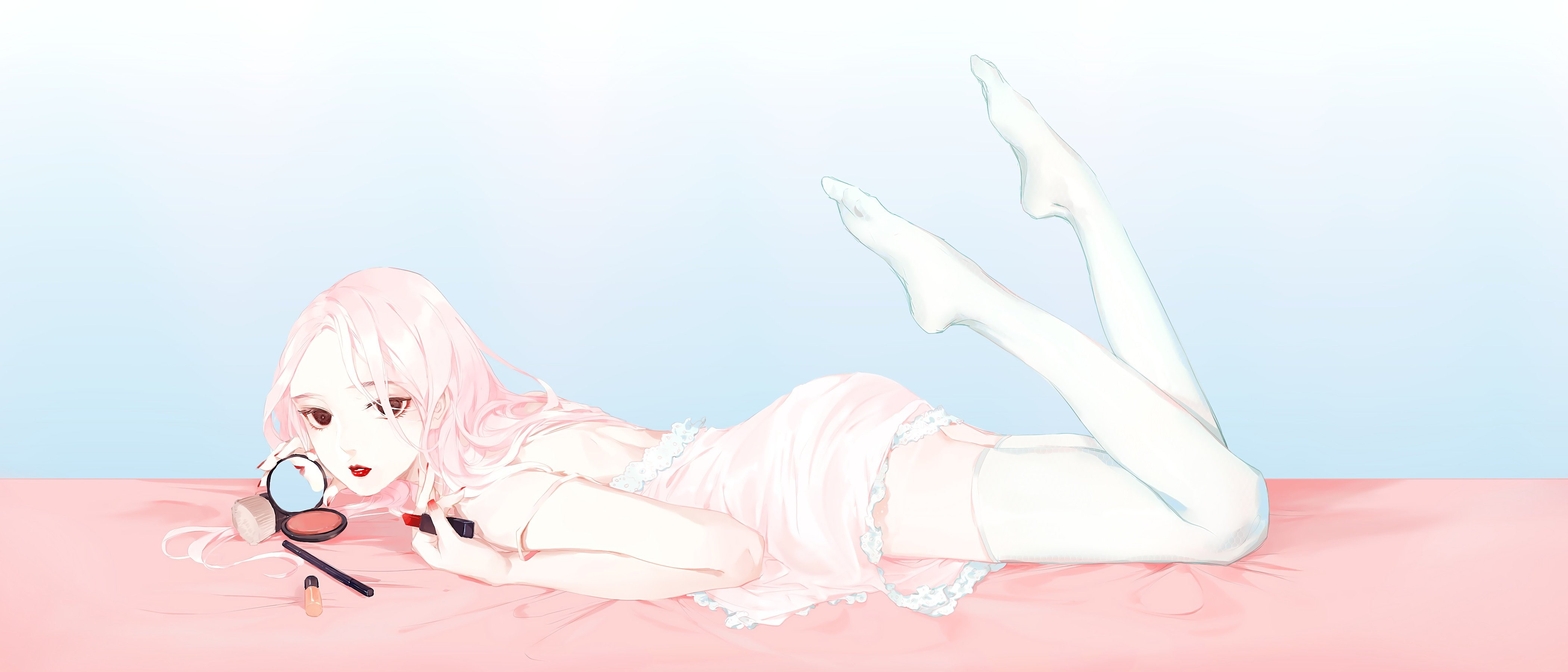 brown, reflection, mirror, 4K, pajamas, thighhighs, dualscreen, pink, (2225028), original, hair, eyes, moss, long, photoshop, HD Wallpaper