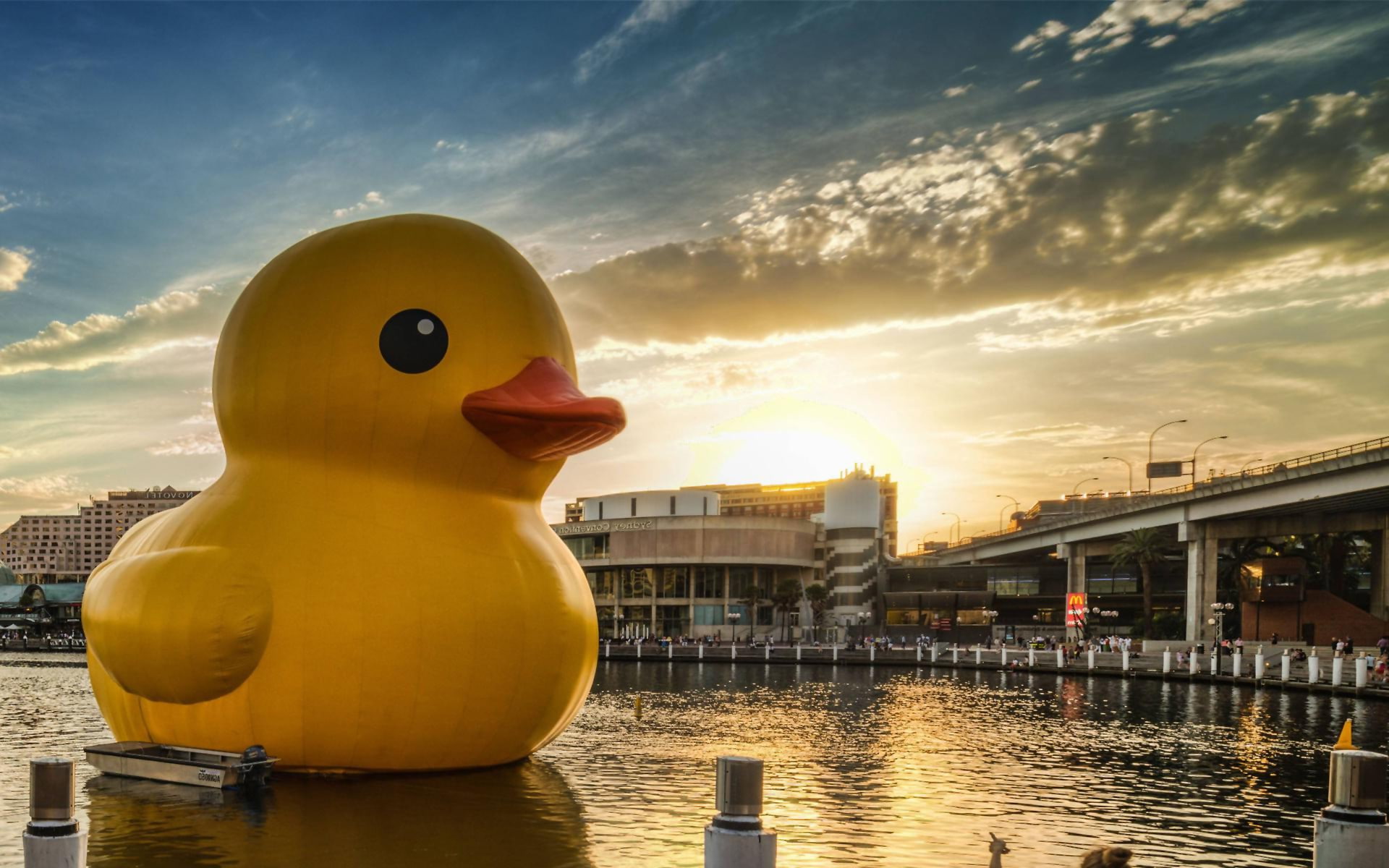 sky, river, no people, animal representation, building exterior, art and craft, built structure, representation, rubber Ducks, cloud - sky, landscape, architecture, HD Wallpaper