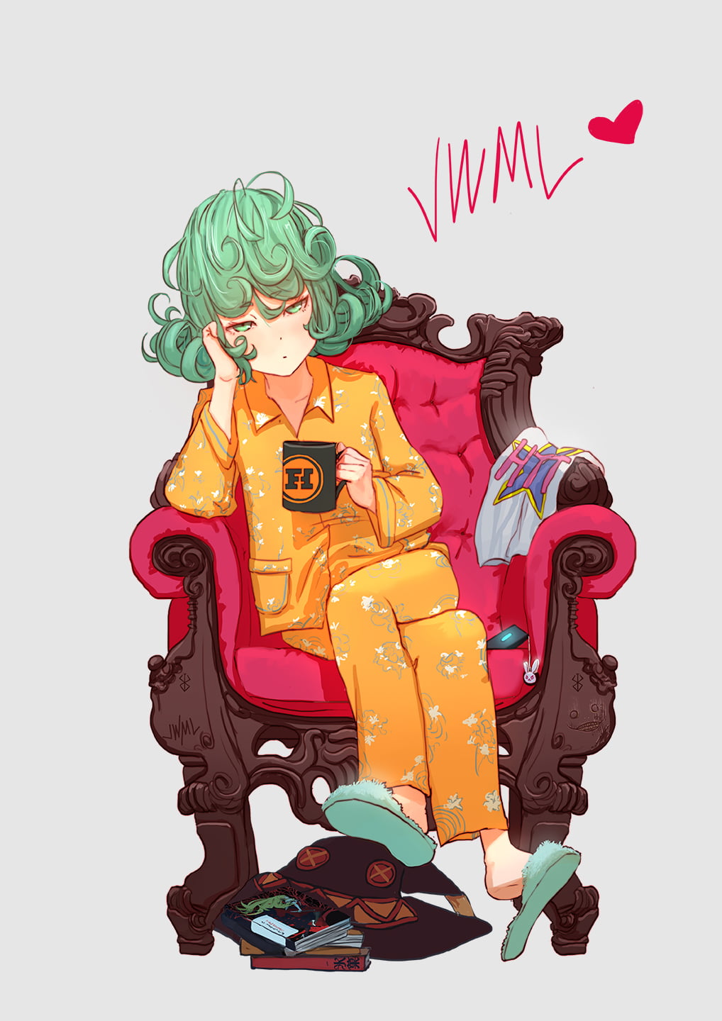 green eyes, 720P, short hair, Tatsumaki, FunHaus, pyjamas, witch hat, One-Punch Man, T-shirt, green hair, anime girls, Phone HD Wallpaper