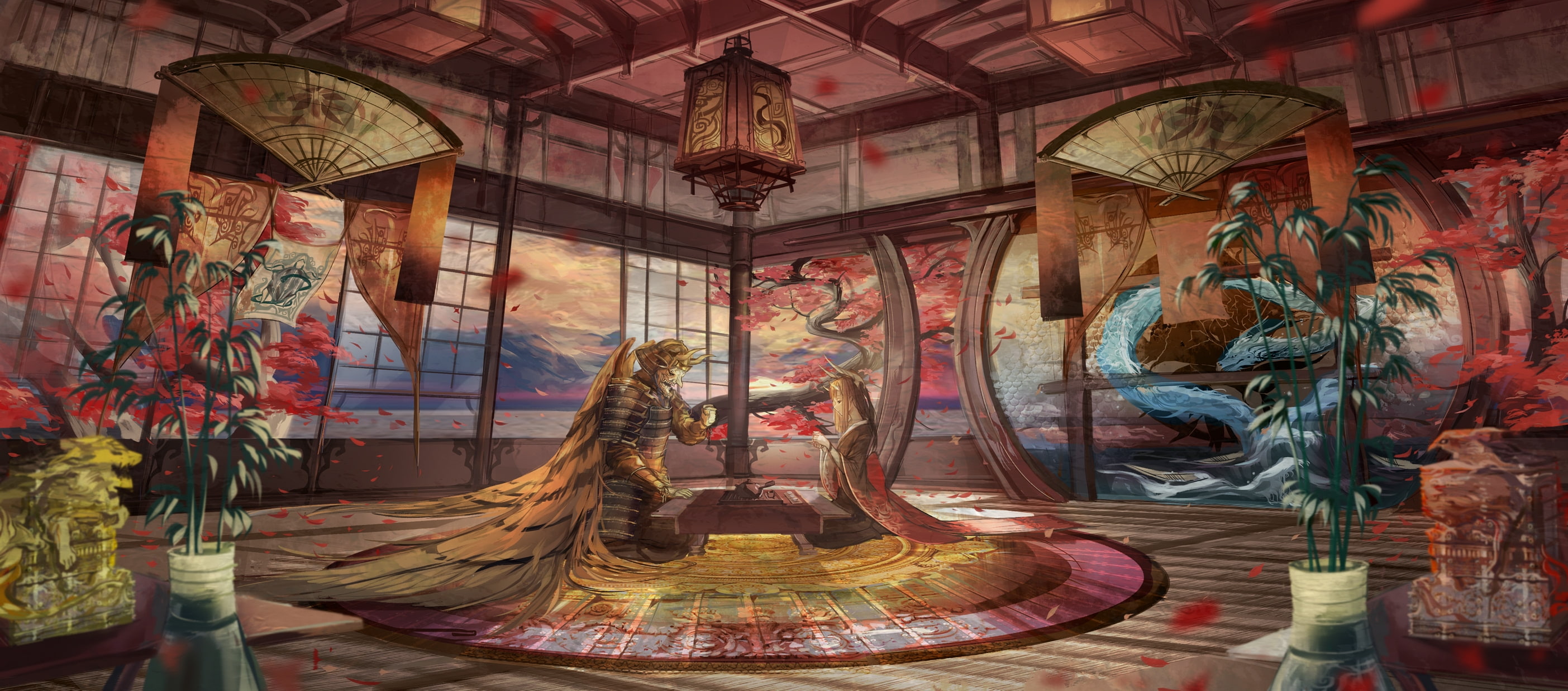male likeness, wings, sculpture, indoors, human representation, warrior, belief, craft, kimono, anime girl, architecture, mural, mask, place of worship, HD Wallpaper