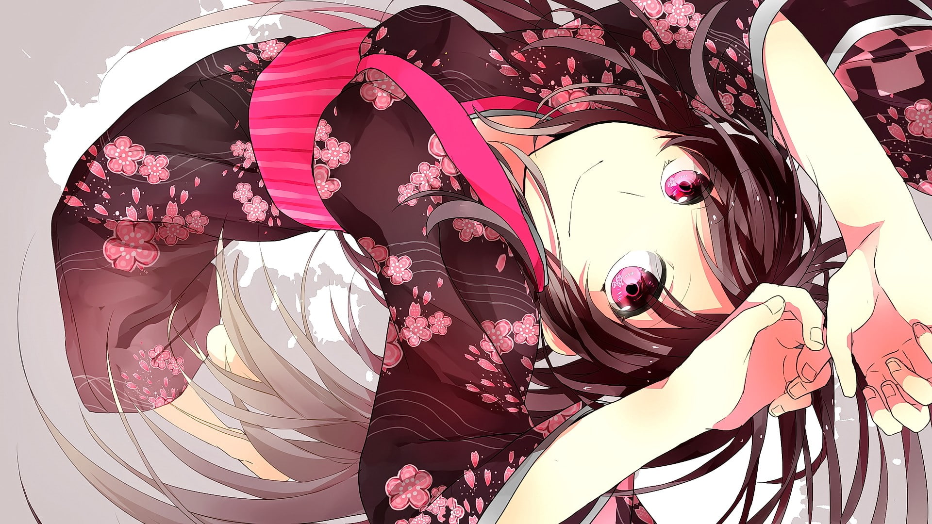 looking at viewer, long hair, kimono, brunette, red eyes, anime girls, anime, 1080P, Japanese clothes, HD Wallpaper