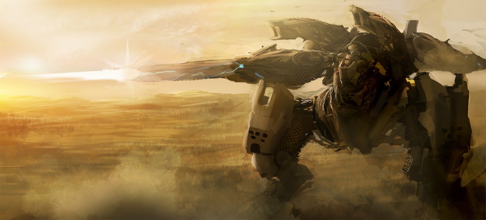 sky, domestic animals, war, one person, robot, weapon, digital, air vehicle, soldier, artwork, nature, 720P, futuristic, mammal, livestock, fantasy art, HD Wallpaper