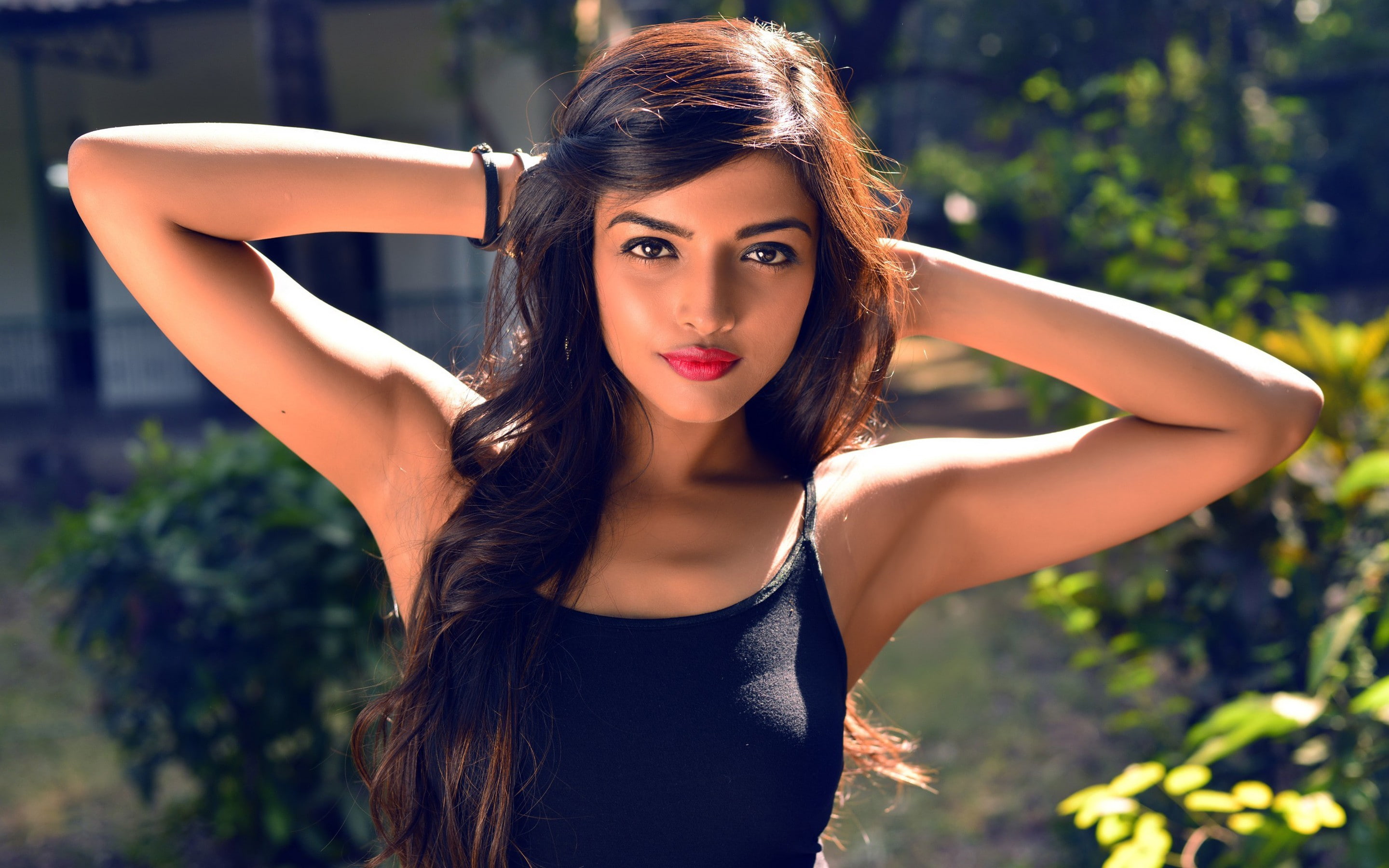 black, top, model, women, 2K, hair, brunette, s, long, long hair, sleeveless, HD Wallpaper