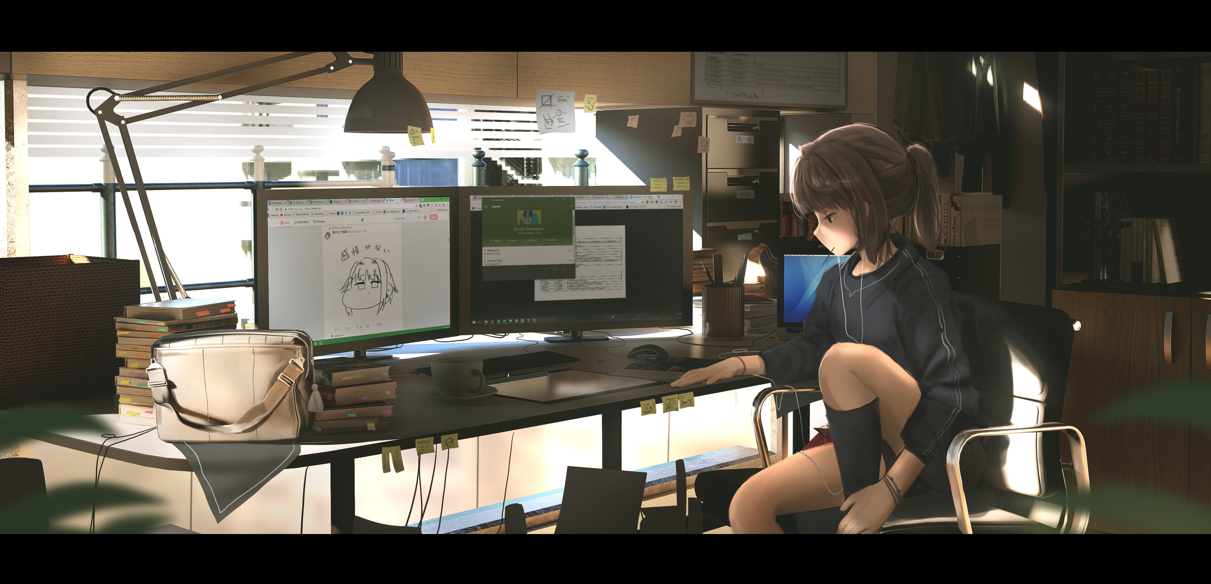 girl, faiz azhar, computers, room, lamp, anime, art, 4K, notes, bag, HD Wallpaper