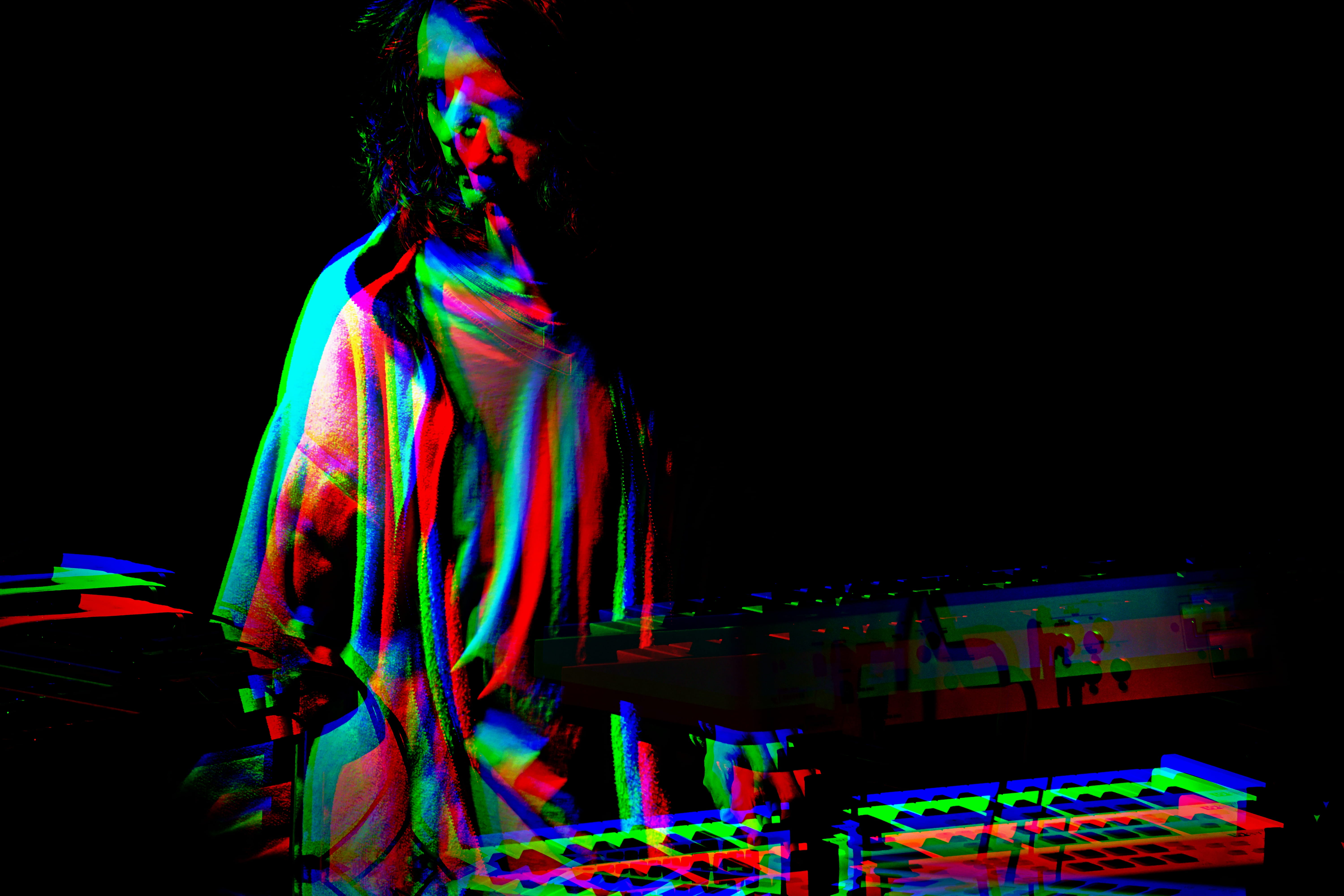 illuminated, artist, dj, photo, programming, modern design, front, standing, lED, effect, dark, blue, glowing, bright, black Background, red, distortion, HD Wallpaper