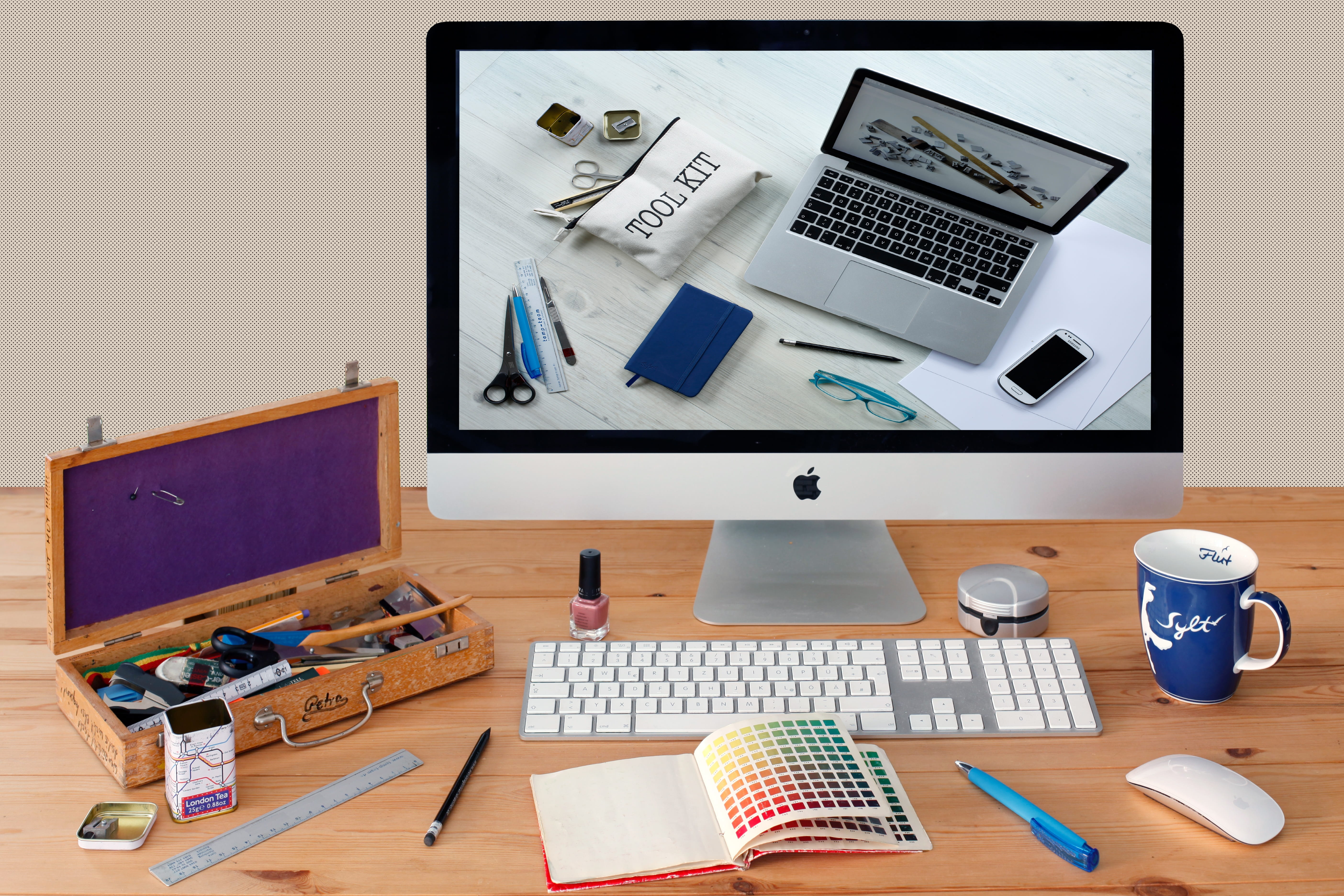 tone atlas, working, color table, desk, pens, 5K, notebook, mac, desktop, calculator, business, computer, mouse, wireless technology, note pad, keyboard, HD Wallpaper
