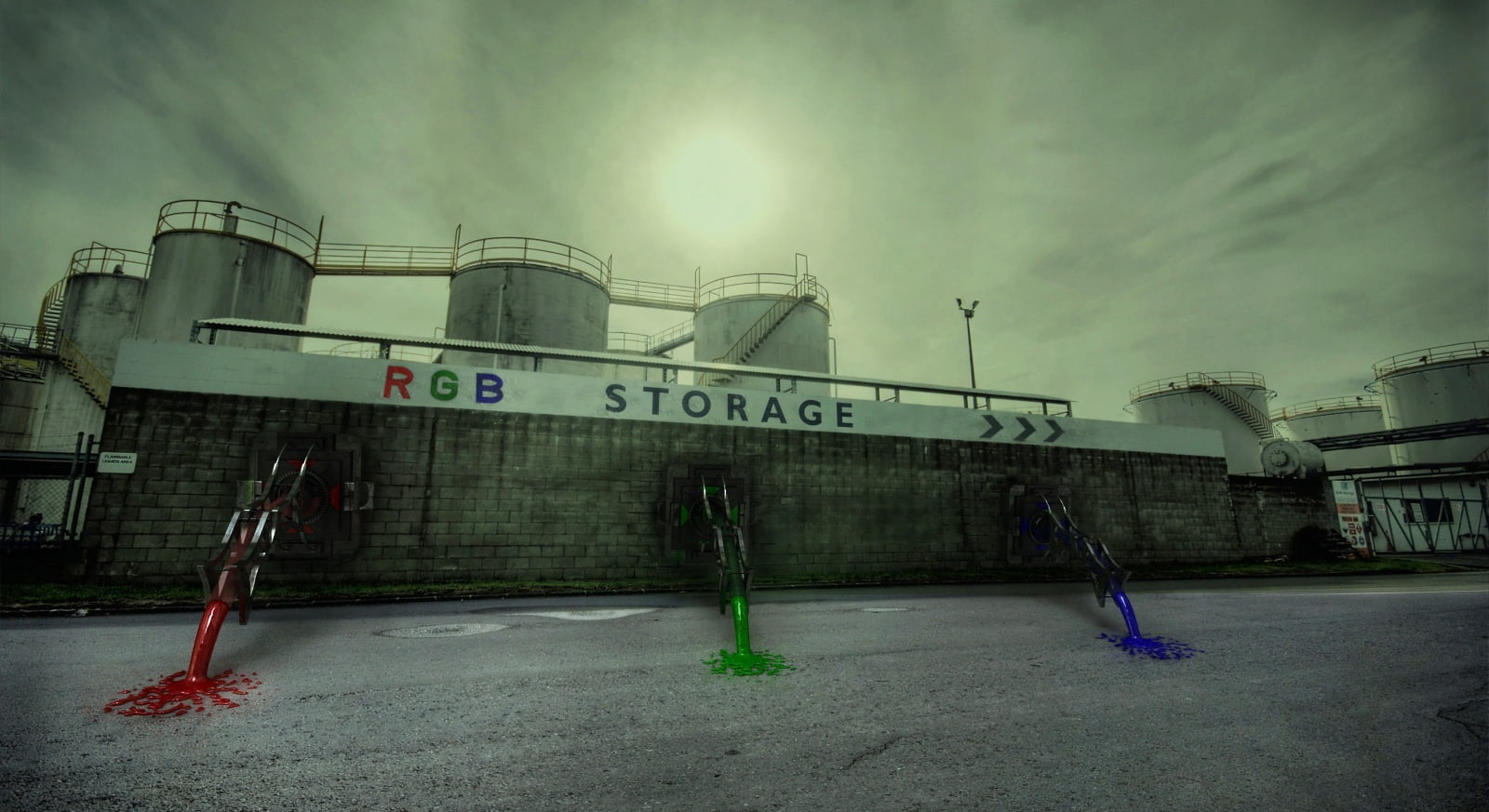 colors, red, cloud - sky, rgb, blue, panoramic, city, Creative, green, people, built structure, outdoors, Aero, wall - building feature, 3d, storage, factory, HD Wallpaper