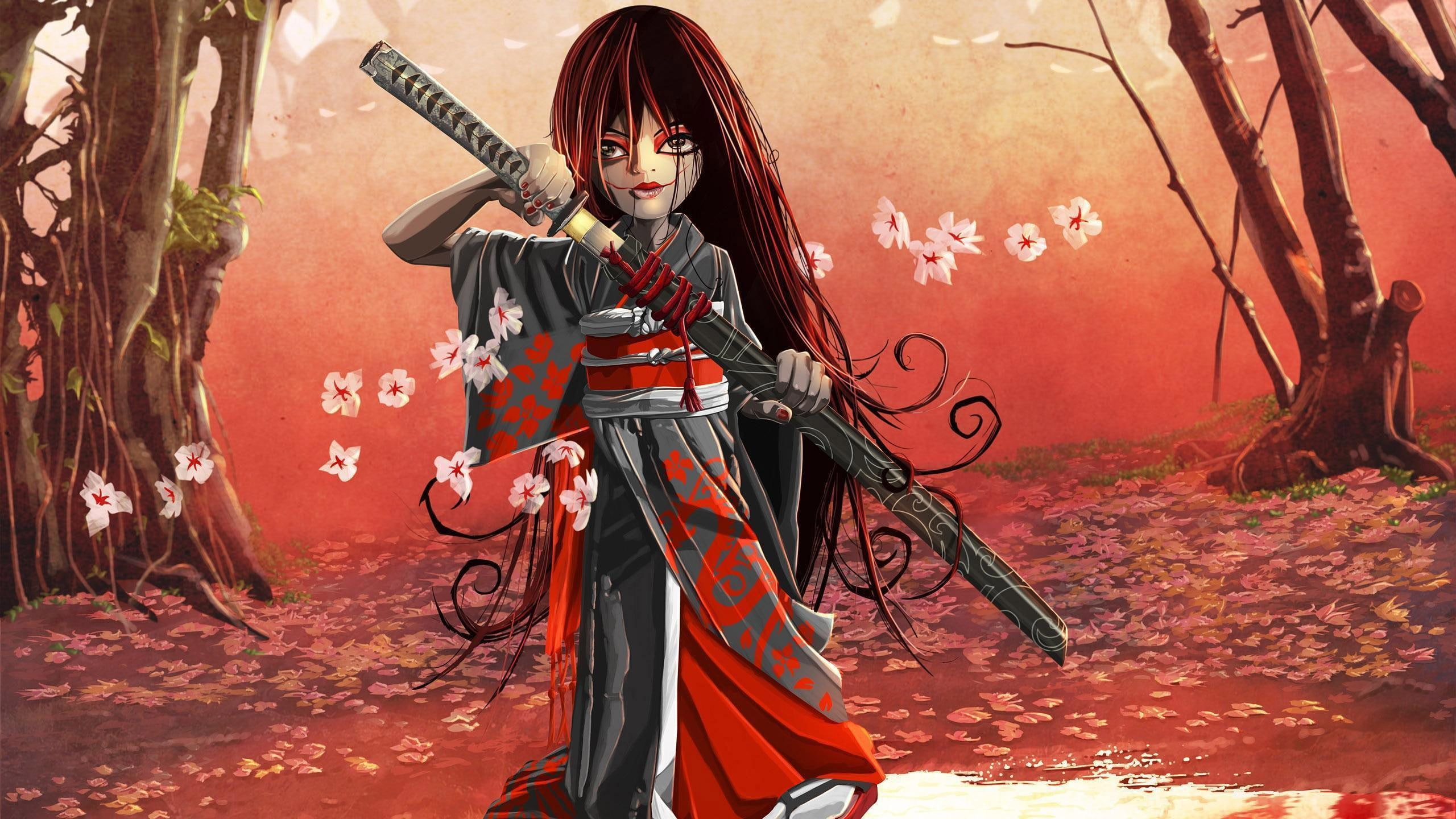 girl, illustration, katana, samurai, woman, holding, anime, 2560x1440, 2K, HD Wallpaper
