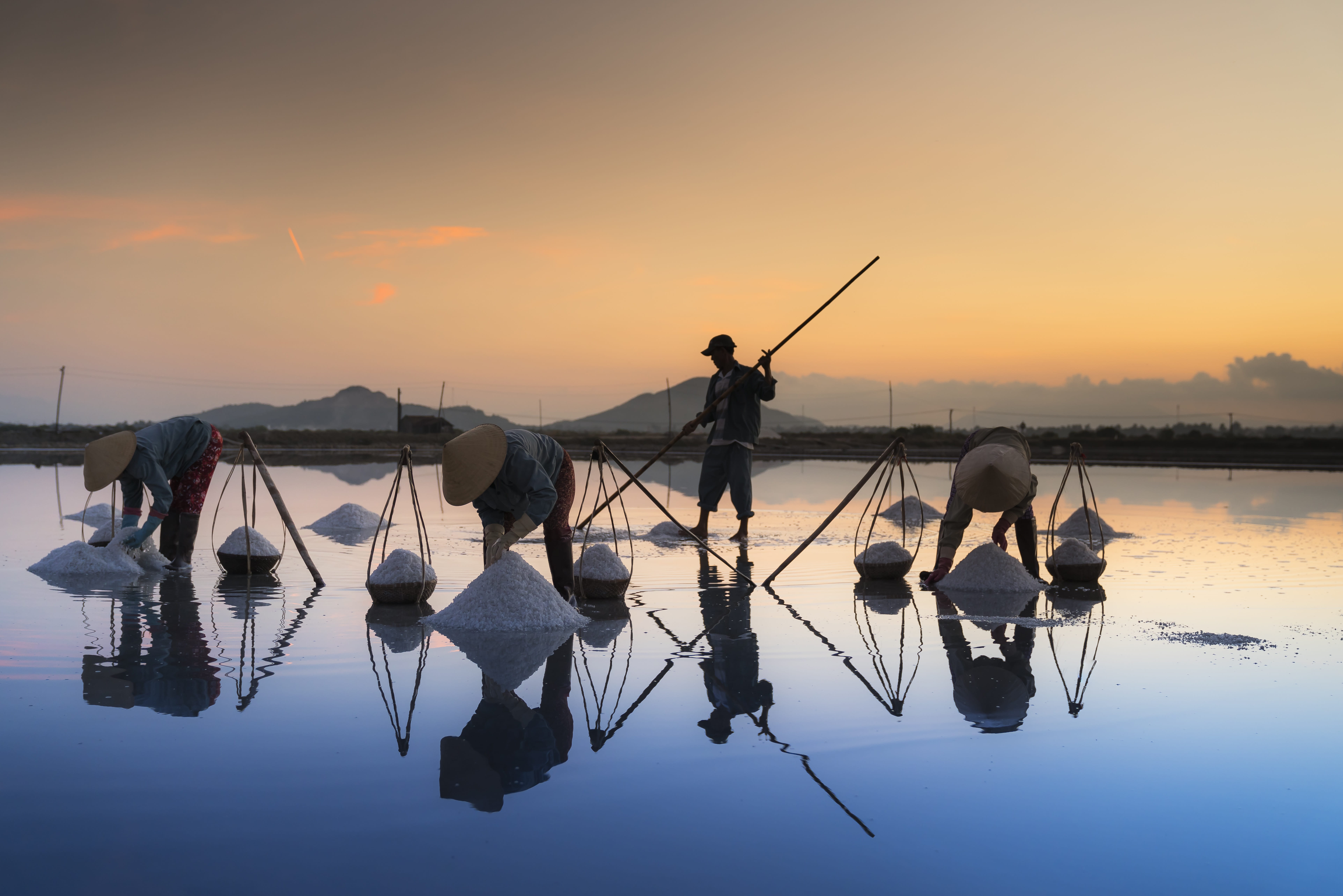 beauty in nature, hon khoi, fisherman, vietnam, salt, the sea, cone, tranquility, hats, asian, asia, summer, hard, reflection, the tradition, green, ninh thuan, HD Wallpaper