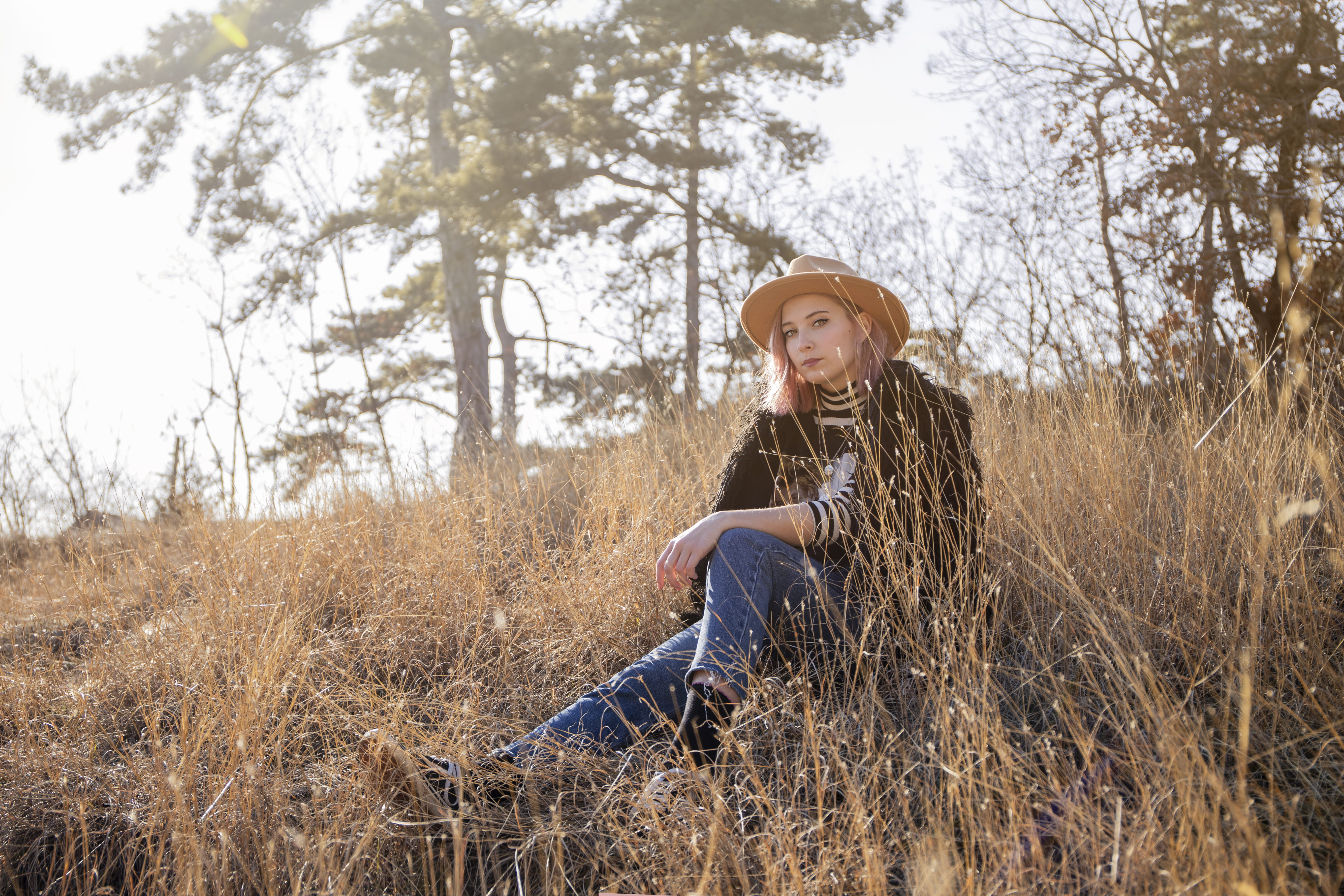 plant, denim, full length, sitting, grass, portrait, young adult, blue, real people, daytime, lifestyles, boot, person, wearing, young women, woman, leisure activity, HD Wallpaper
