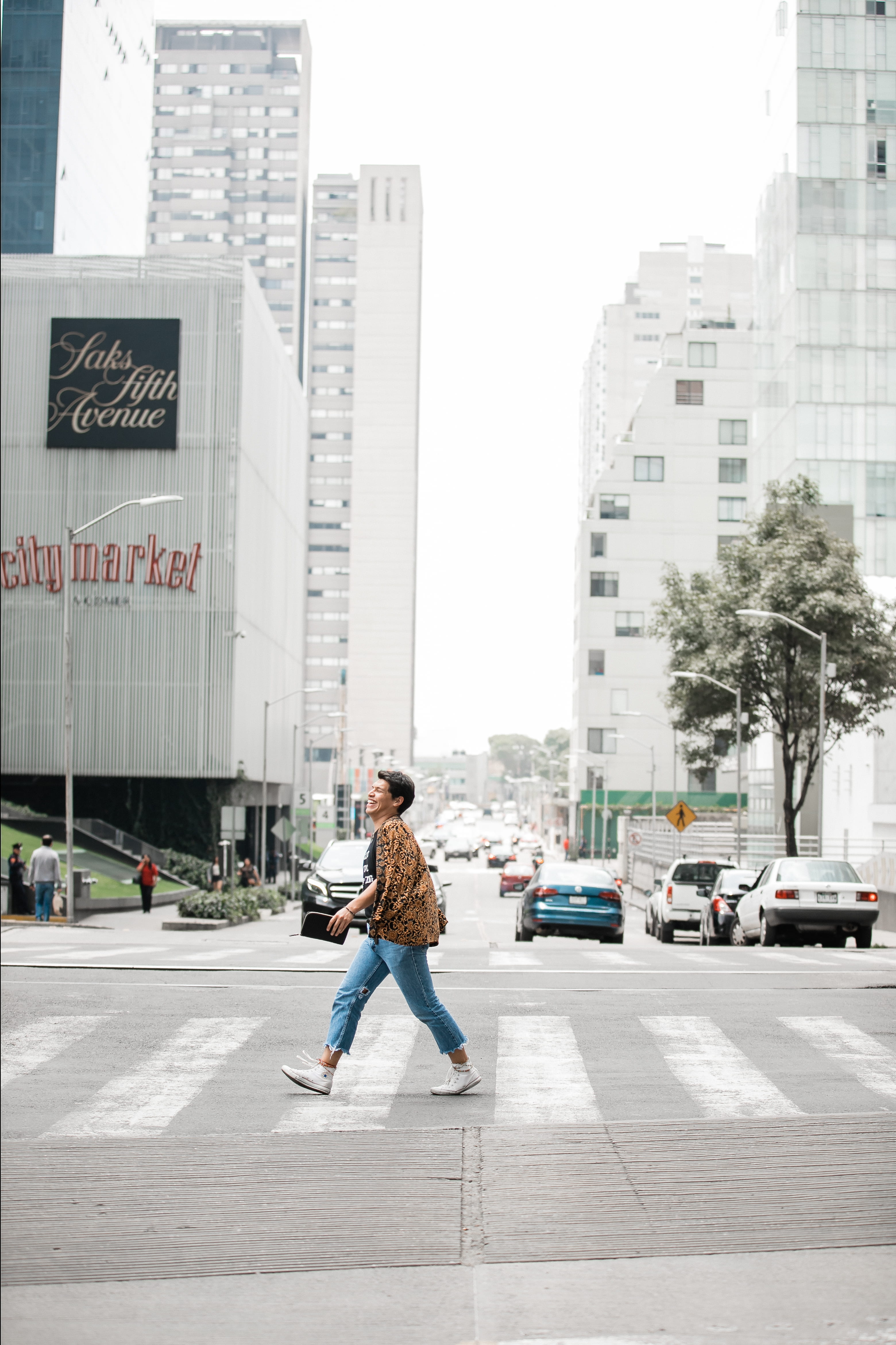 downtown District, adult, modern design, road, males, one Person, outdoors, people, crossing, fashion, lifestyles, pedestrian, person, day, animal print, Phone HD Wallpaper