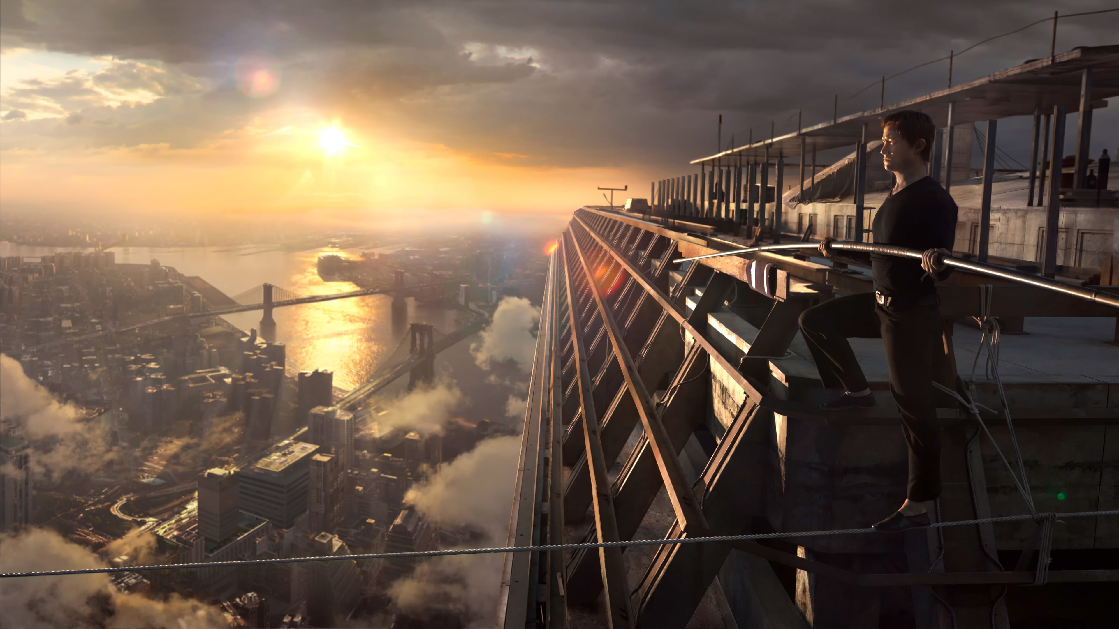 railing, rope, sky, city, built structure, building exterior, transportation, the walk, sunset, gray, Joseph Gordon-Levitt, movies, men, cloud - sky, 4K, HD Wallpaper