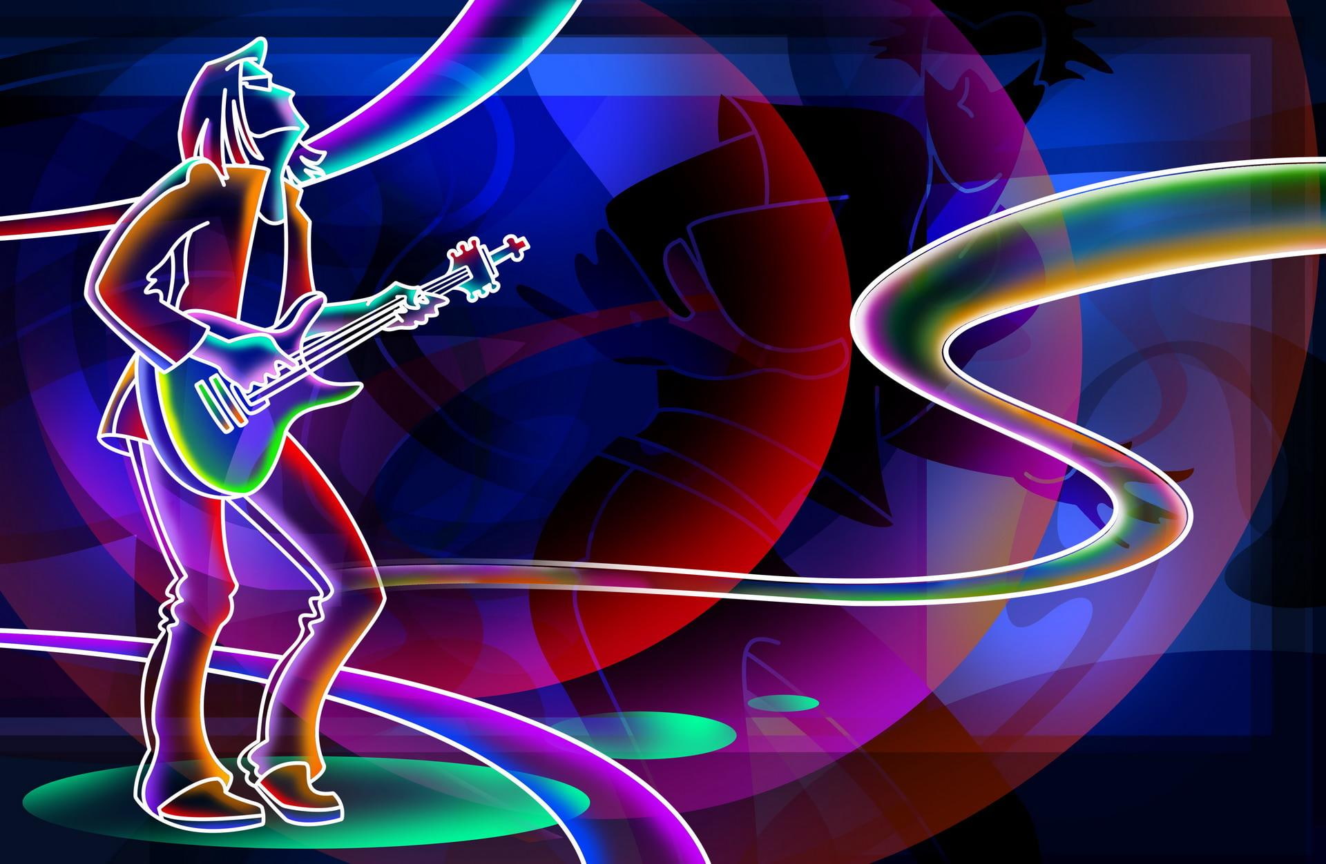 3d and abstract, 1080P, guitarist, nice, music, neon, guitar, HD Wallpaper