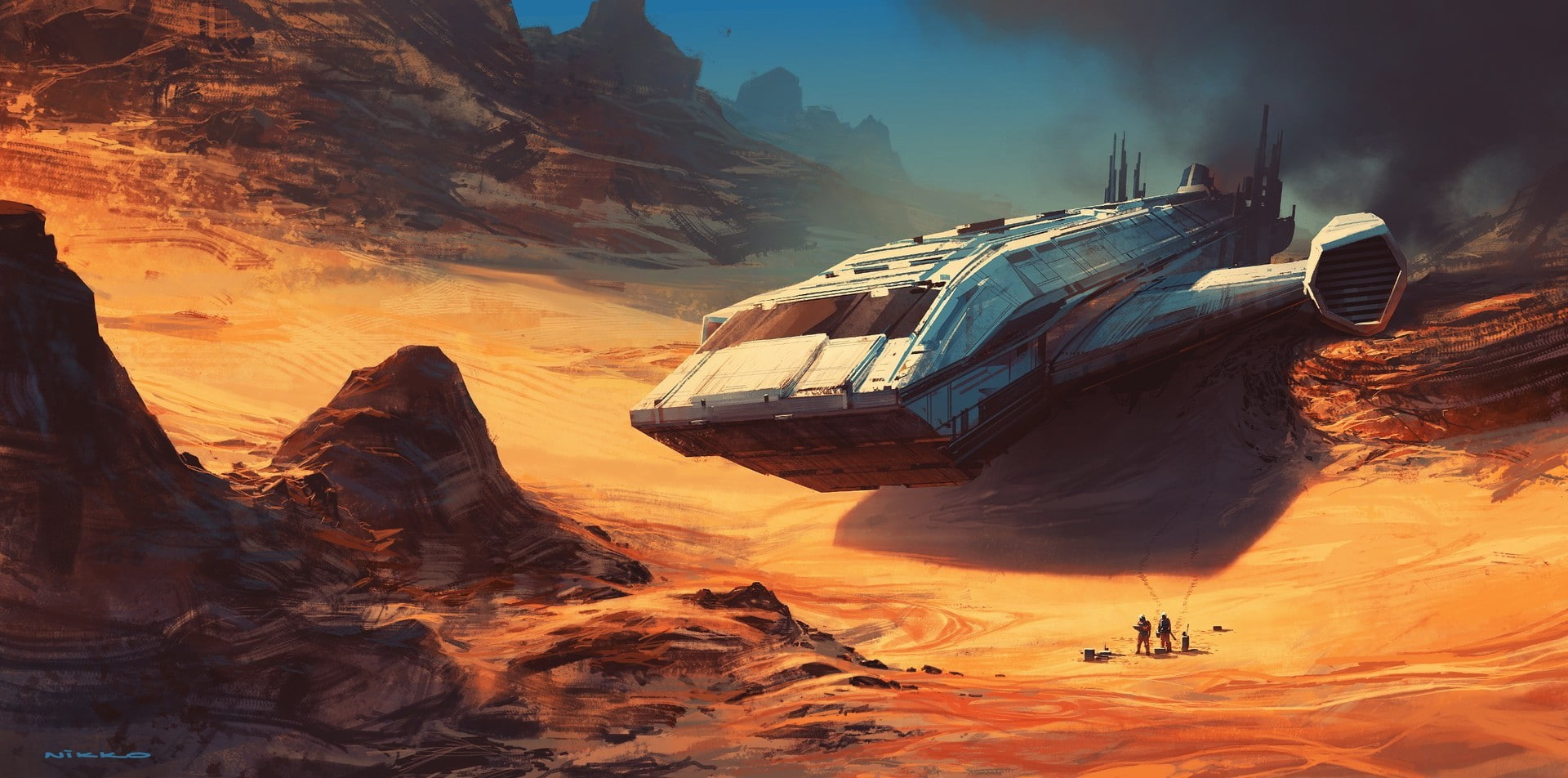 land, mode of transportation, nautical vessel, cloud - sky, incidental people, sky, scenics - nature, Nikolai Lockertsen, sunset, spaceship, arid climate, HD Wallpaper