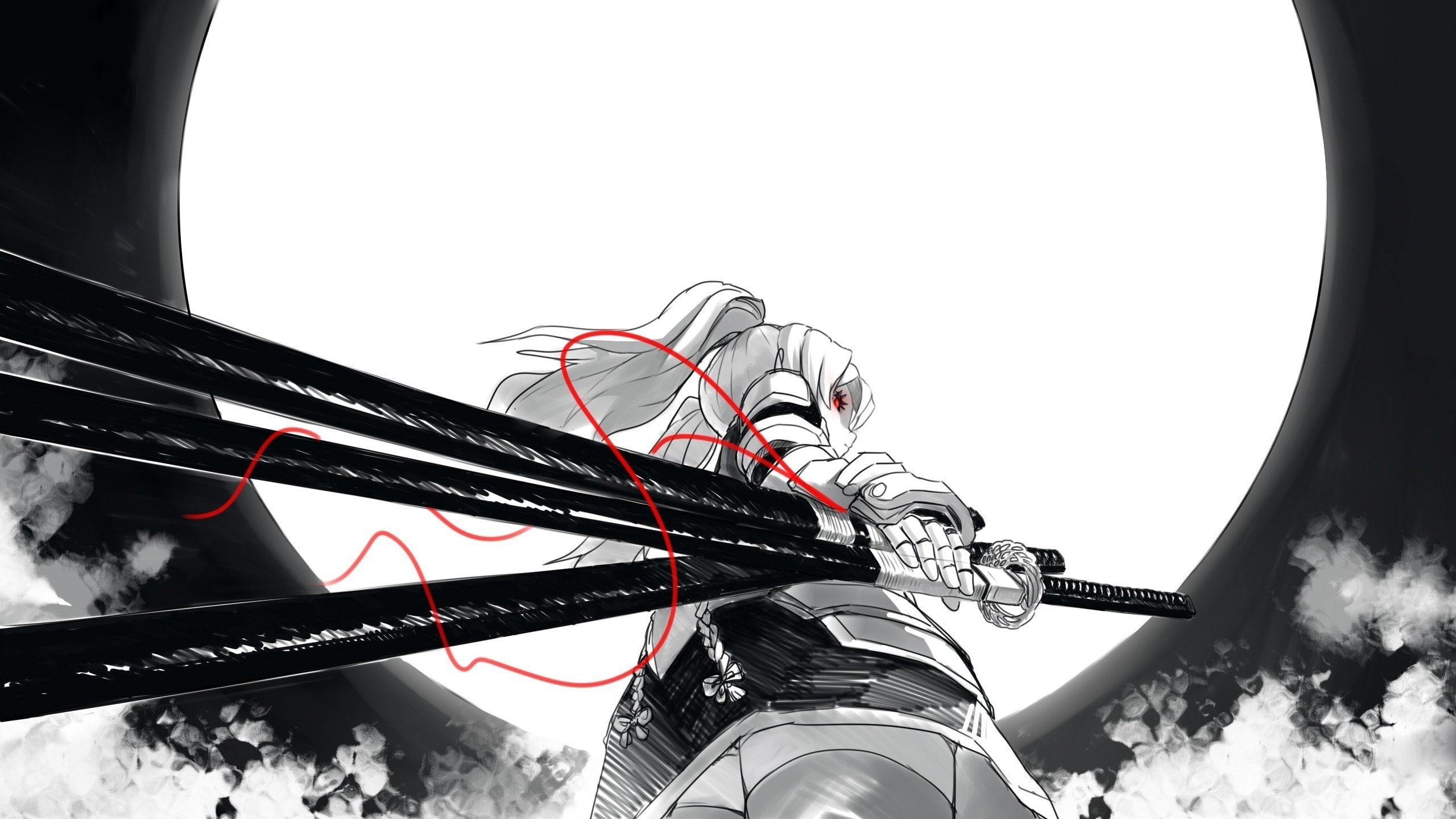 red eyes, Moon, samurai, women, anime girls, katana, 2K, long hair, sword, weapon, twintails, HD Wallpaper