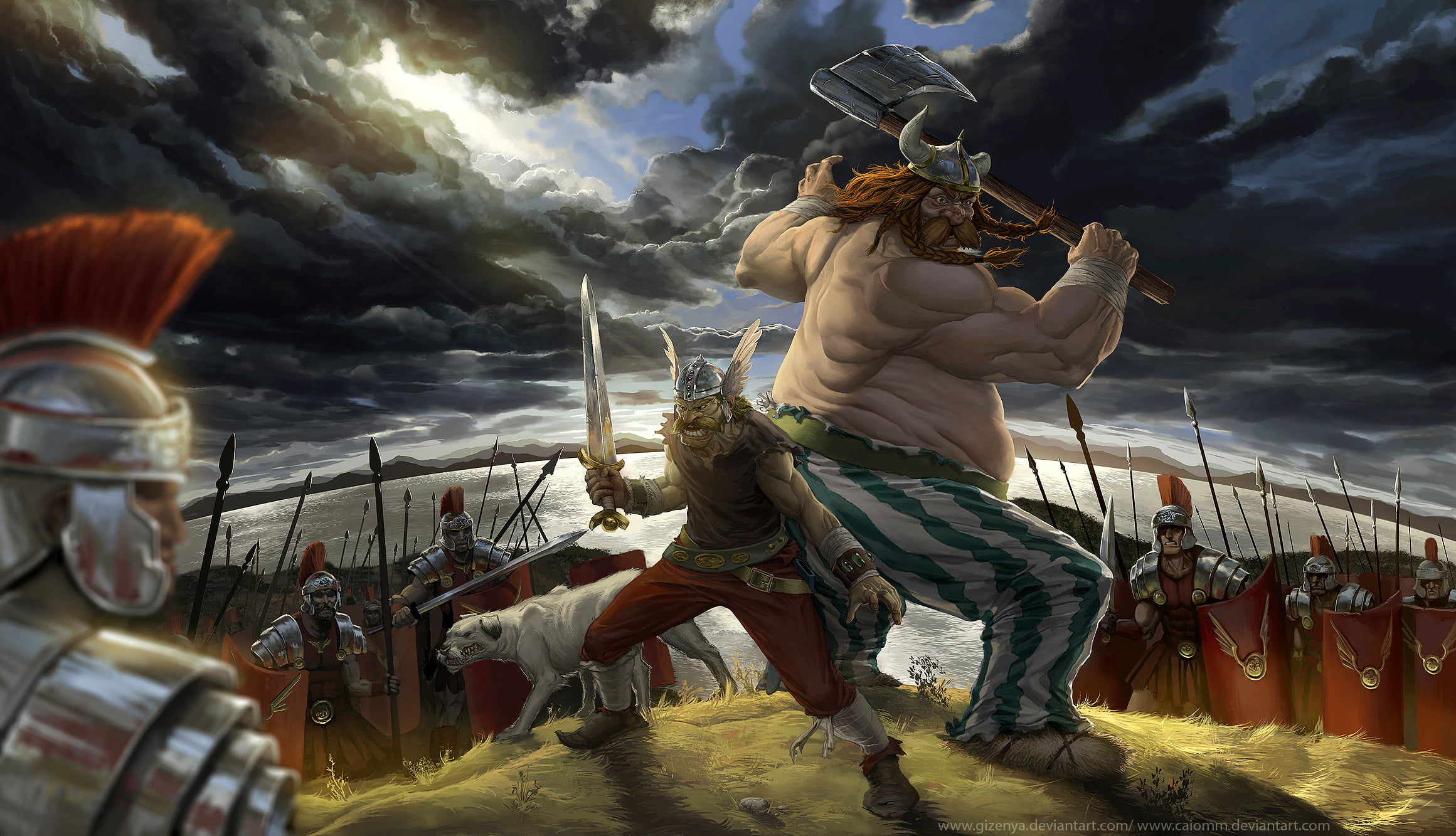 women, history, representation, men, the Gauls, knight - Person, horse, warriors, axe, nature, sky, body Armor, swords, statue, aggression, art and craft, HD Wallpaper