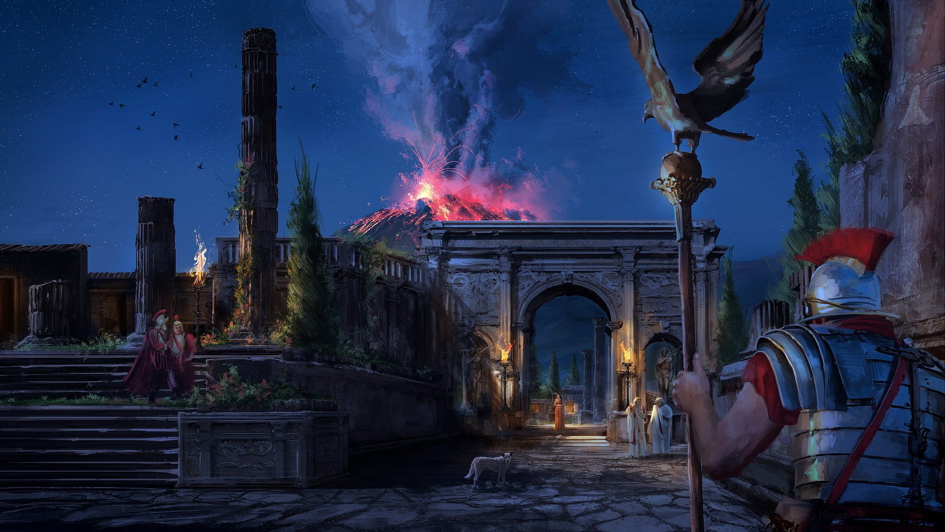 Pompeii, eagle, warrior, 1080P, Legionnaire, the eruption, stars, the volcano, night, the sky, HD Wallpaper