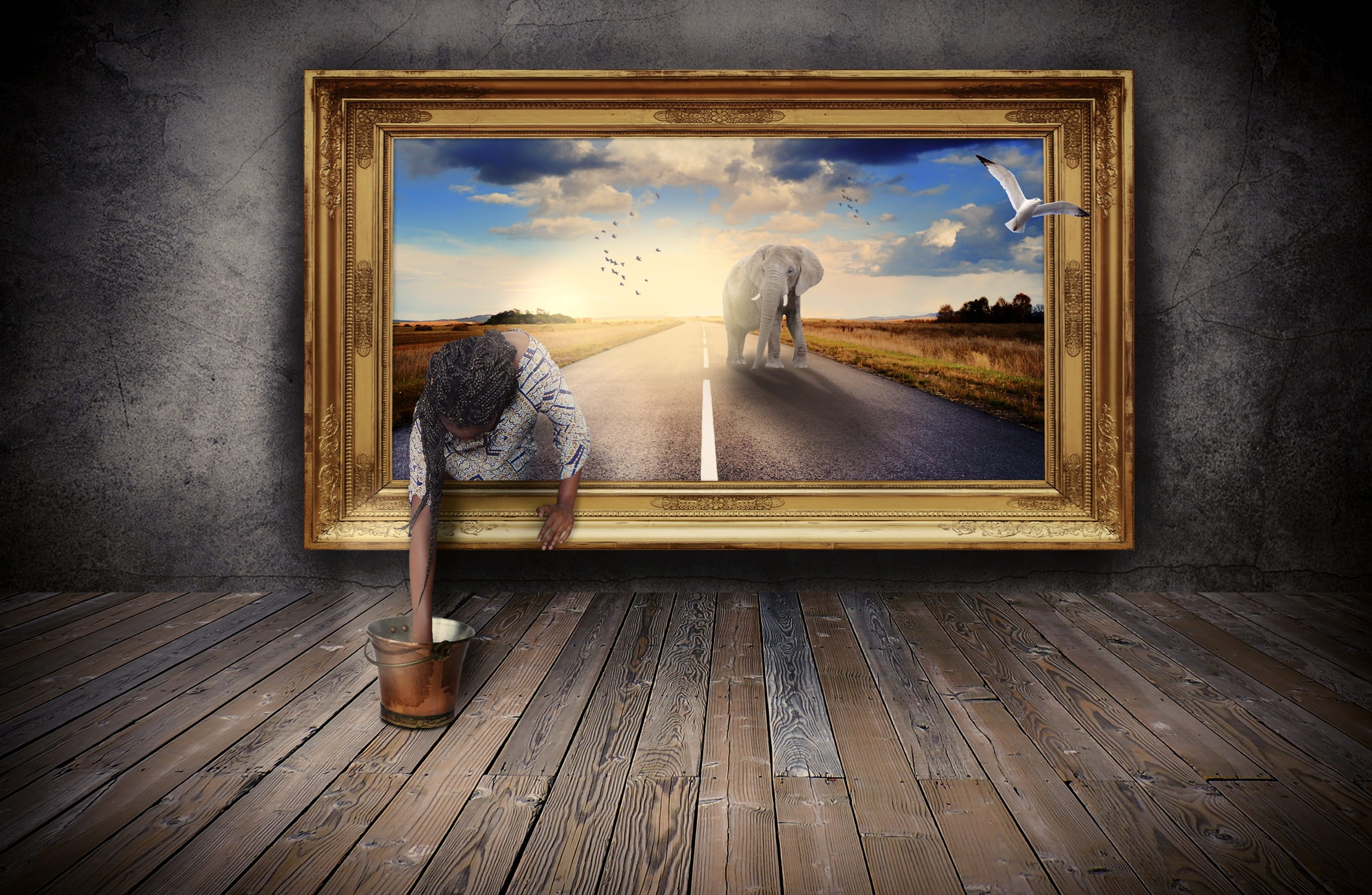 picture frame, cloud - sky, sky, art, wood, creativity, adult, window, contemplation, one person, frame, bizarre, effect, photoshop, nature, delusion, hardwood floor, HD Wallpaper