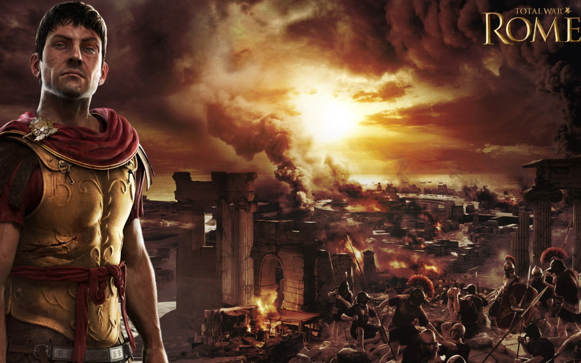 holding, government, burning, fire - natural phenomenon, destruction, Total War, men, sky, fire, architecture, Total War: Rome II, waist up, war, flame, HD Wallpaper