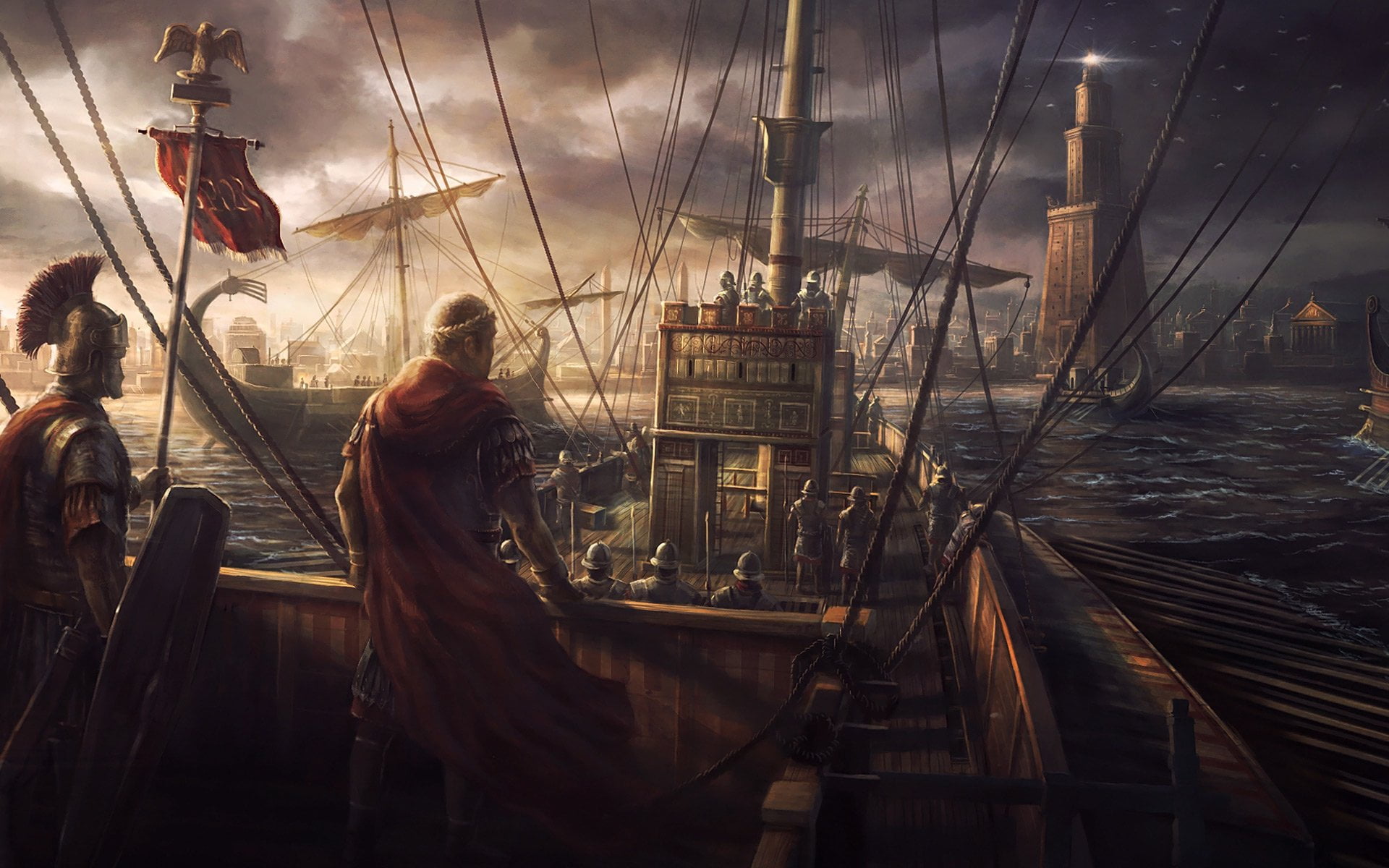 flag, people, harbor, built structure, mast, architecture, nature, occupation, transportation, 1080P, sky, sea, water, Total War, real people, outdoors, HD Wallpaper