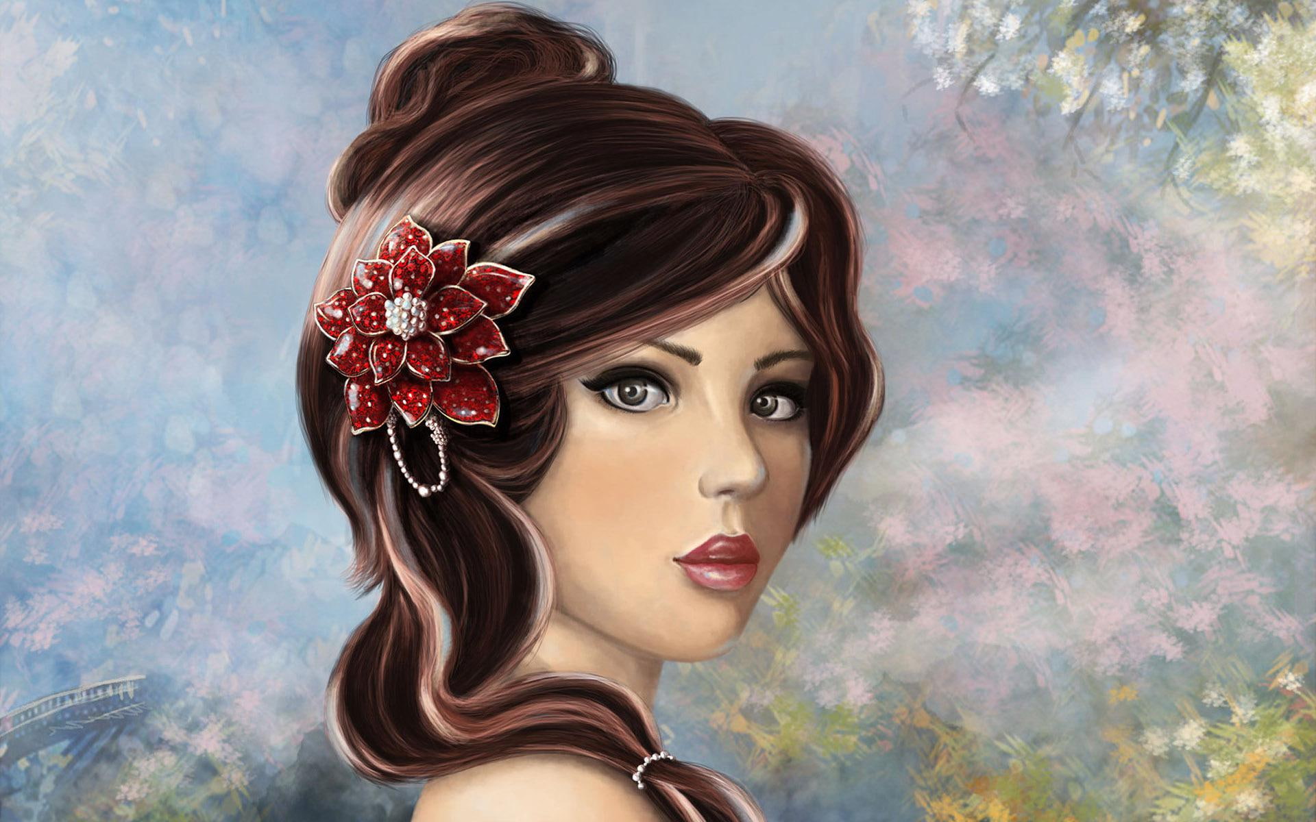 flower, painting, woman, 1920x1200, red, clutered, hair, digital art, 1080P, floral, piece, HD Wallpaper