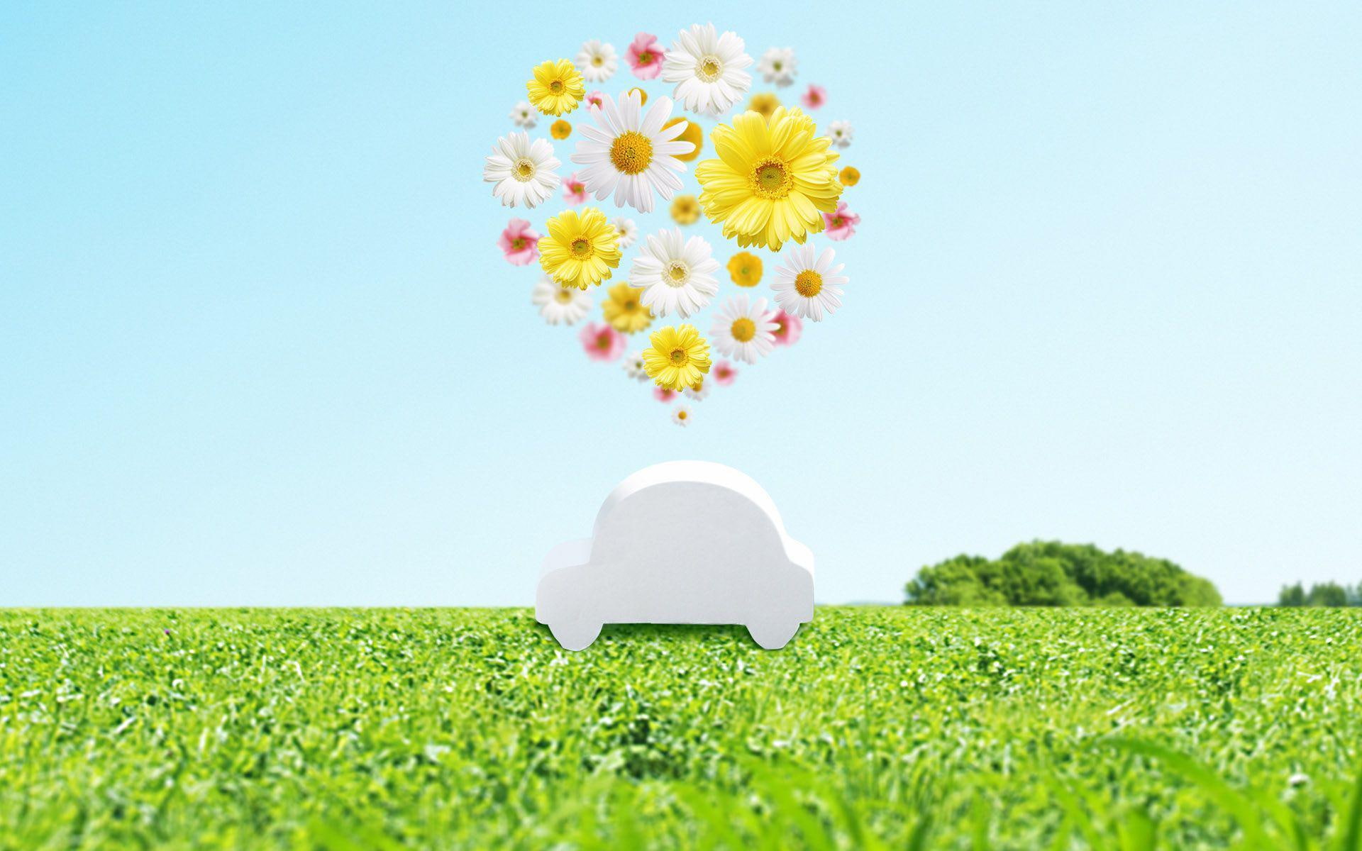 globe, yellow, floating, pink, green, 1920x1200, 1080P, toy, flowers, grass, car, digital art, field, daisy, white, paper, vehicle, HD Wallpaper