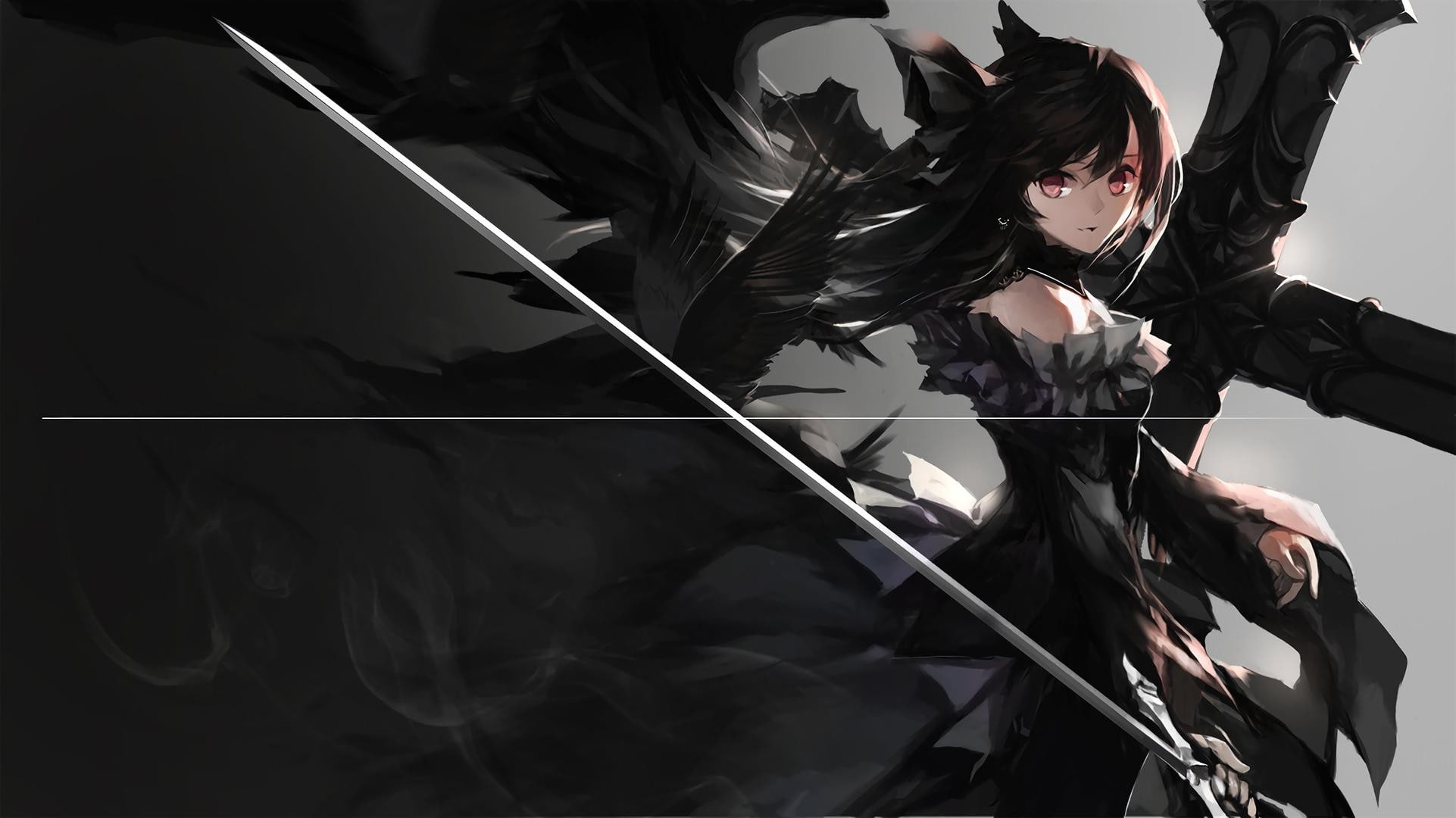 dark hair, fantasy girl, 1080P, sword, anime girls, anime, HD Wallpaper
