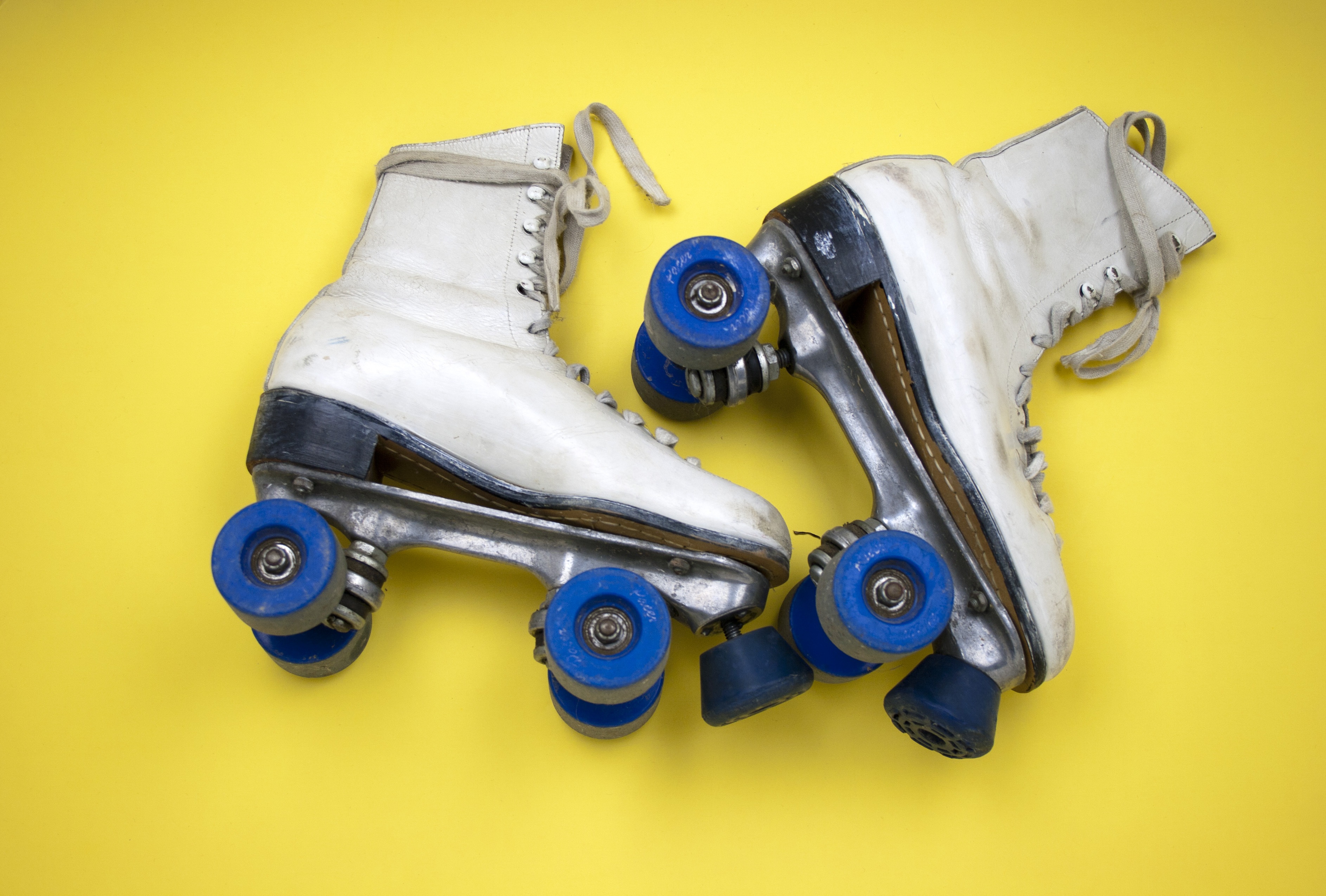 table, side view, high angle view, technology, cut out, activity, blue, close-up, repairing, leather, yellow background, vintage, yellow, indoors, skates, HD Wallpaper