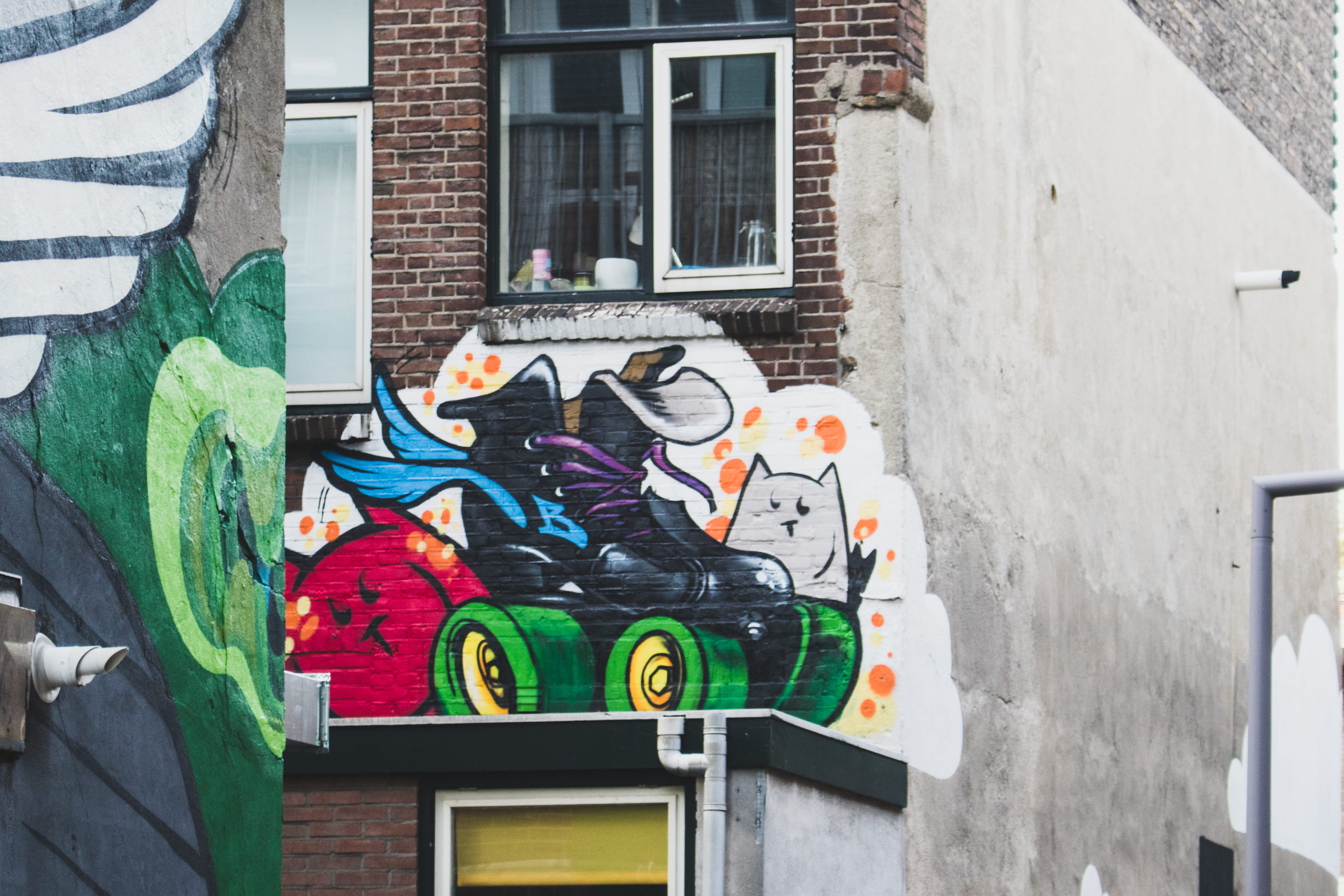streetart, mural wall, brick, building exterior, netherlands, shie, street art, 4K, art and craft, representation, cats, mural art, wall - building feature, HD Wallpaper